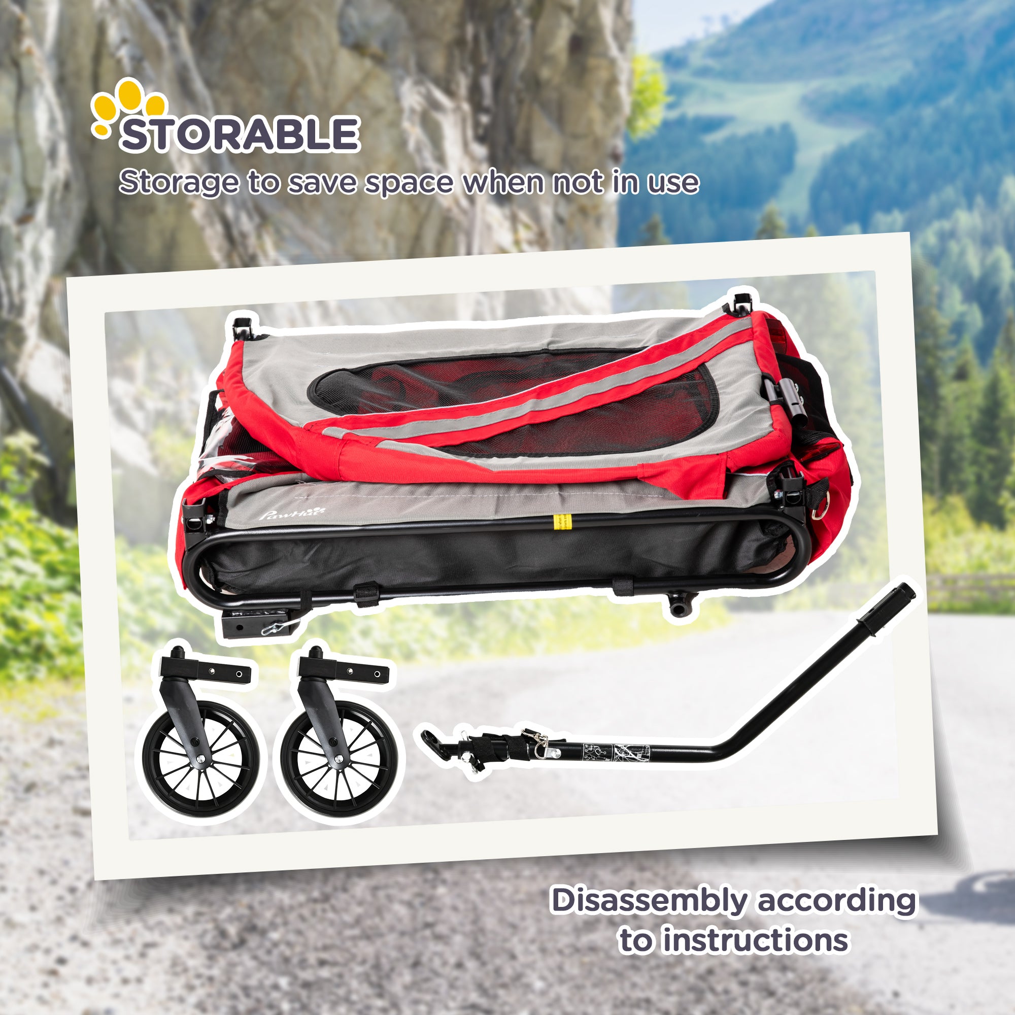 PawHut Dog Bike Trailer, 2 in 1 Foldable Dog Stroller with Hitch Coupler, Reflectors, Quick Release Wheels, Flag, Dog Trolley on Wheels for Medium Dogs, Red