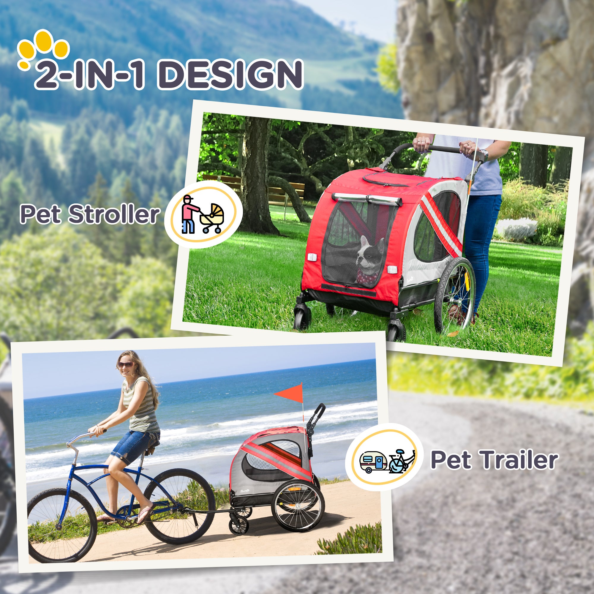 PawHut Dog Bike Trailer, 2 in 1 Foldable Dog Stroller with Hitch Coupler, Reflectors, Quick Release Wheels, Flag, Dog Trolley on Wheels for Medium Dogs, Red