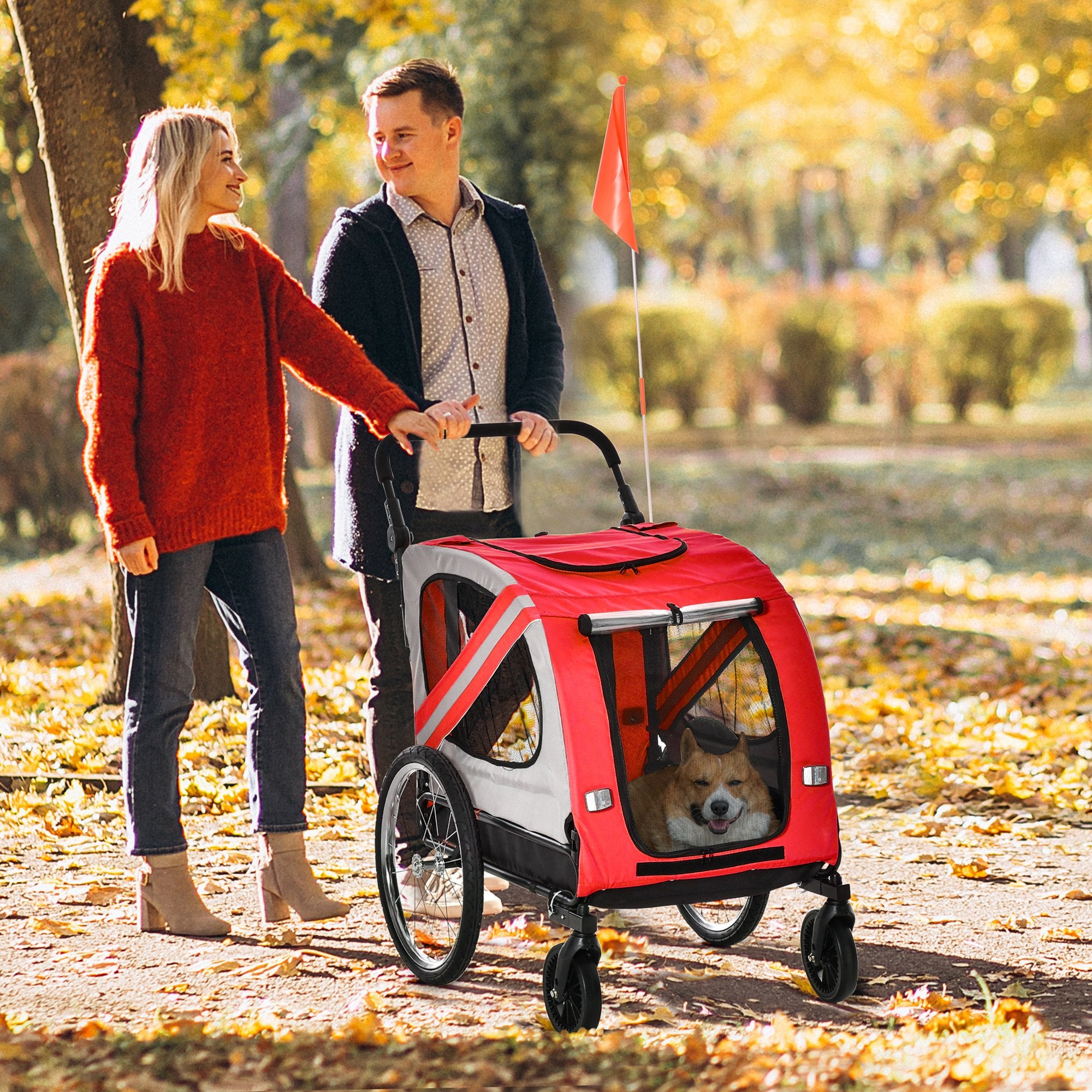 PawHut Dog Bike Trailer, 2 in 1 Foldable Dog Stroller with Hitch Coupler, Reflectors, Quick Release Wheels, Flag, Dog Trolley on Wheels for Medium Dogs, Red