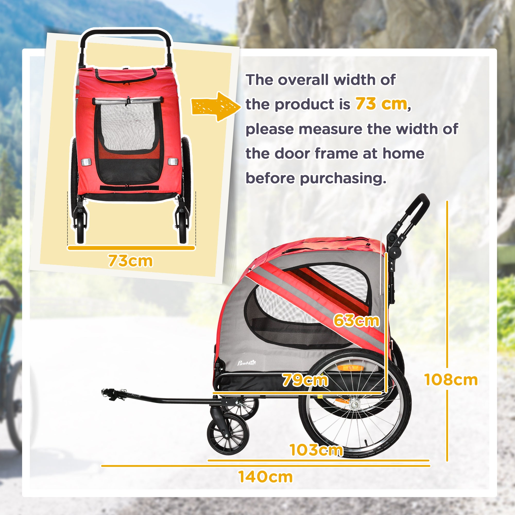PawHut Dog Bike Trailer, 2 in 1 Foldable Dog Stroller with Hitch Coupler, Reflectors, Quick Release Wheels, Flag, Dog Trolley on Wheels for Medium Dogs, Red