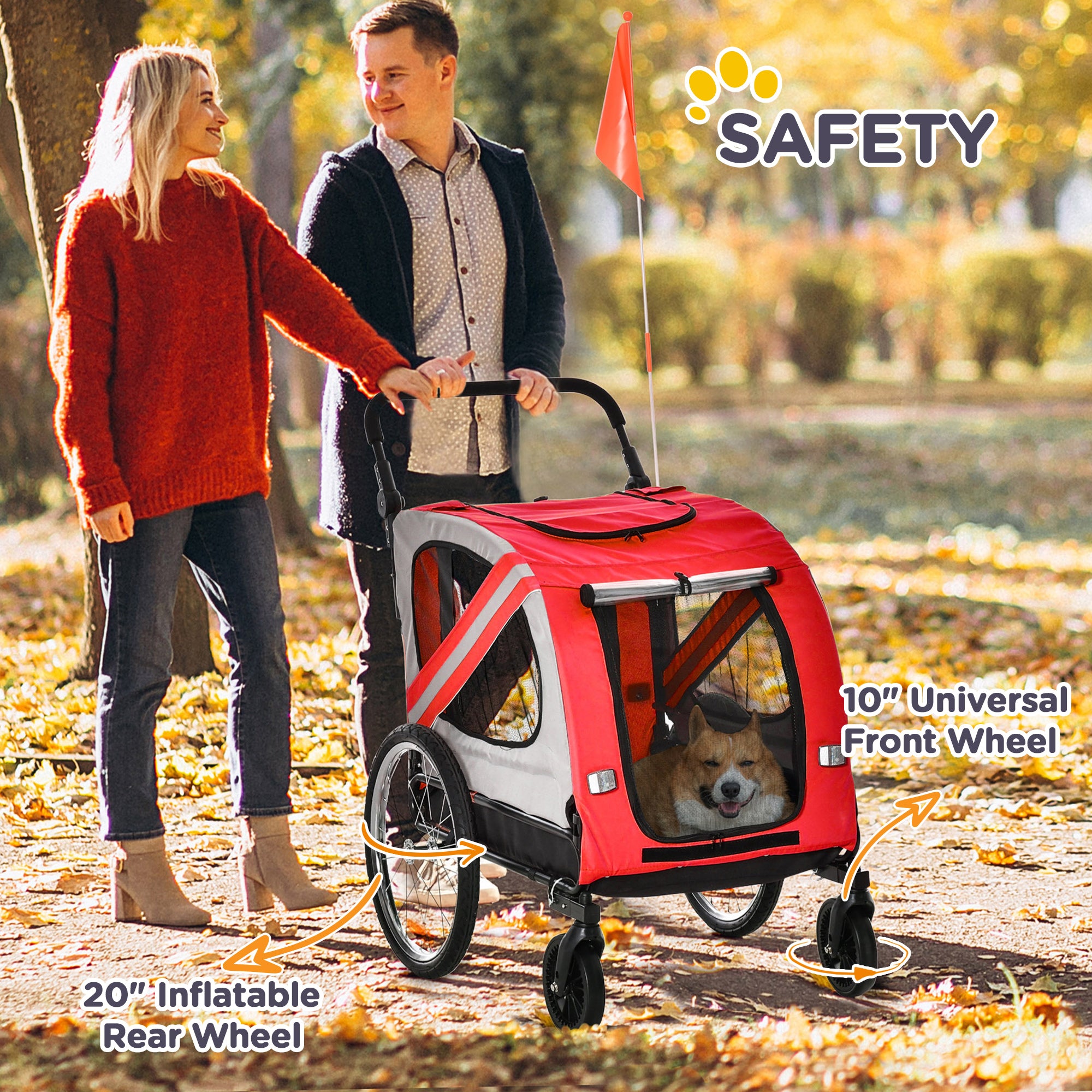 PawHut Dog Bike Trailer, 2 in 1 Foldable Dog Stroller with Hitch Coupler, Reflectors, Quick Release Wheels, Flag, Dog Trolley on Wheels for Medium Dogs, Red