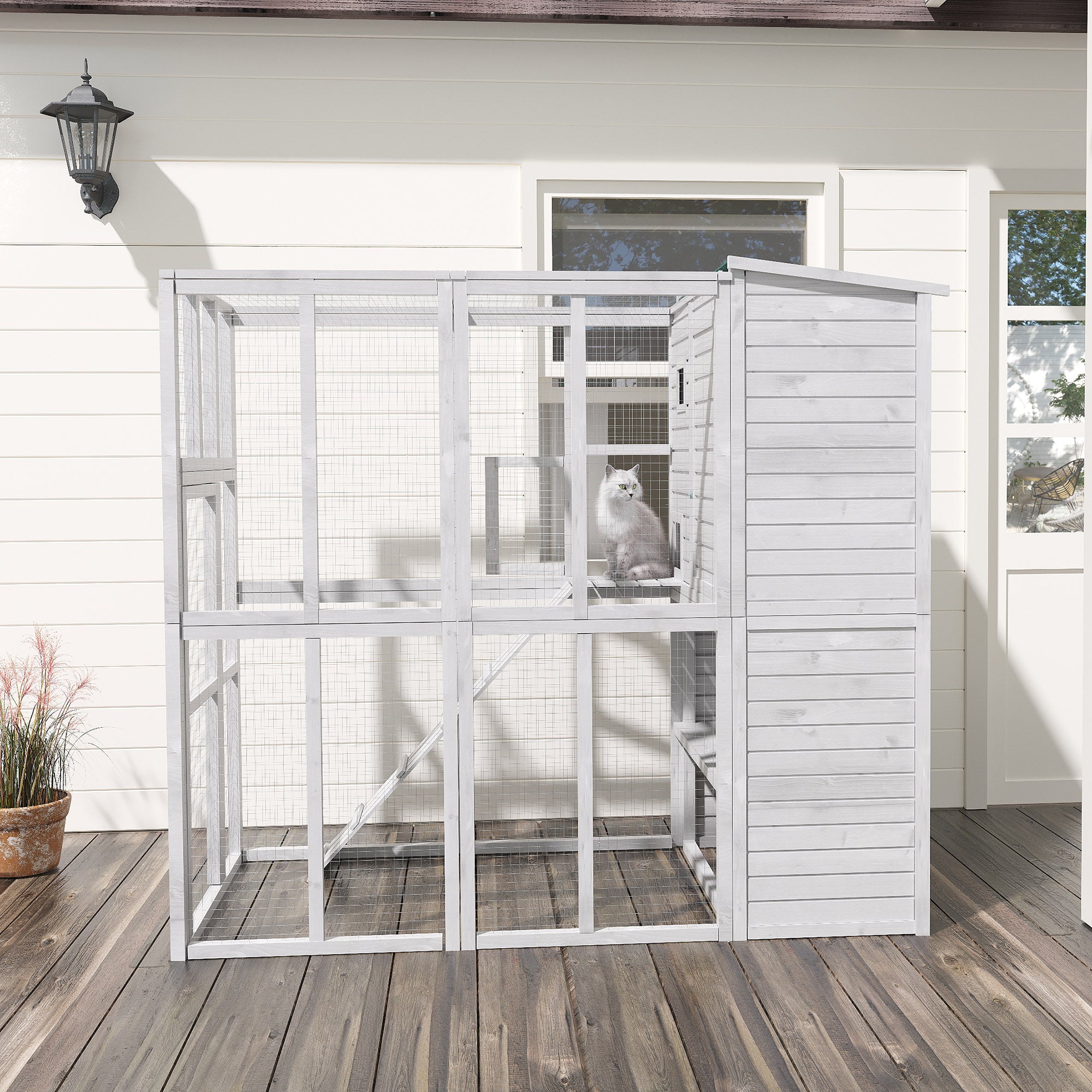 PawHut Outdoor Catio, Cat House Wooden Feral Cat Shelter, Cat Cage with Platforms, Waterproof Asphalt Roof, Ramps, 77" L, White