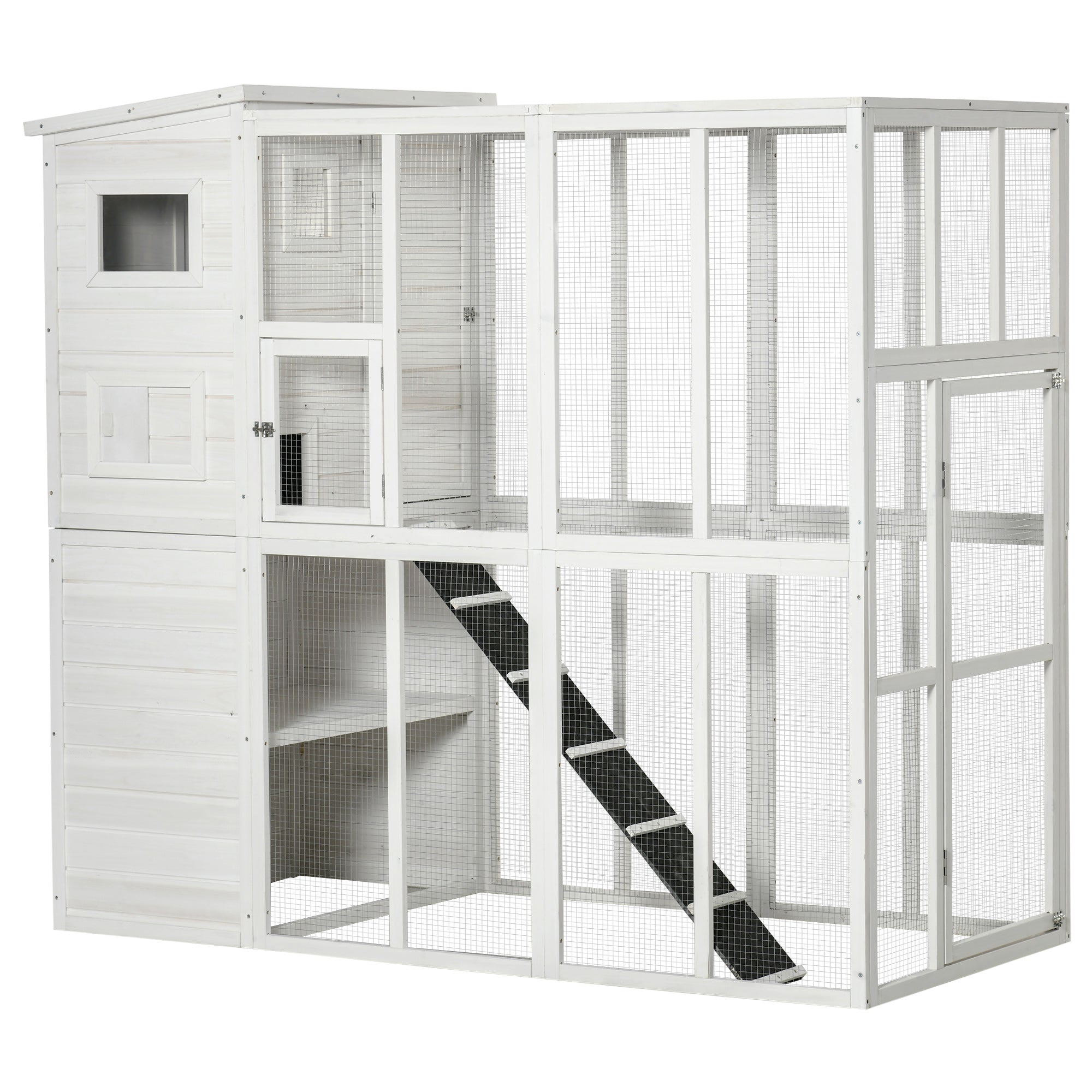 PawHut Outdoor Catio, Cat House Wooden Feral Cat Shelter, Cat Cage with Platforms, Waterproof Asphalt Roof, Ramps, 77" L, White
