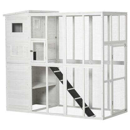 PawHut Outdoor Catio, Cat House Wooden Feral Cat Shelter, Cat Cage with Platforms, Waterproof Asphalt Roof, Ramps, 77" L, White