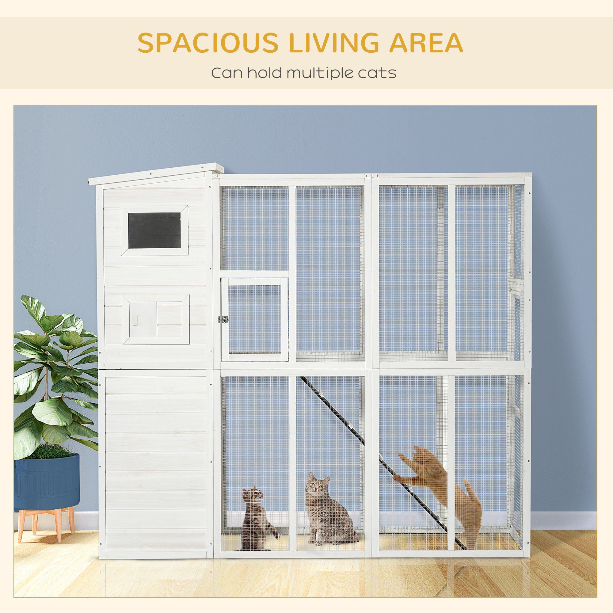 PawHut Outdoor Catio, Cat House Wooden Feral Cat Shelter, Cat Cage with Platforms, Waterproof Asphalt Roof, Ramps, 77" L, White