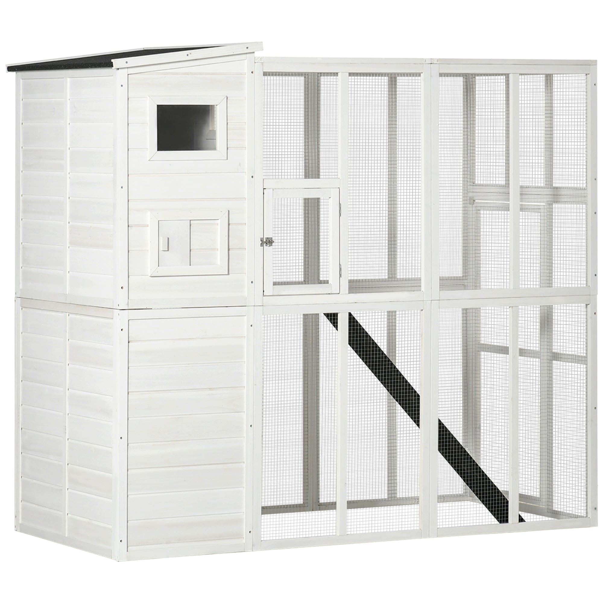 PawHut Outdoor Catio, Cat House Wooden Feral Cat Shelter, Cat Cage with Platforms, Waterproof Asphalt Roof, Ramps, 77" L, White