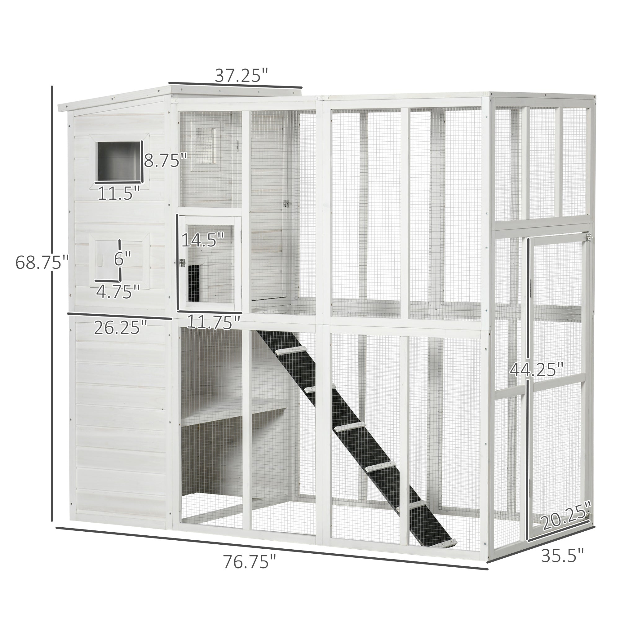 PawHut Outdoor Catio, Cat House Wooden Feral Cat Shelter, Cat Cage with Platforms, Waterproof Asphalt Roof, Ramps, 77" L, White