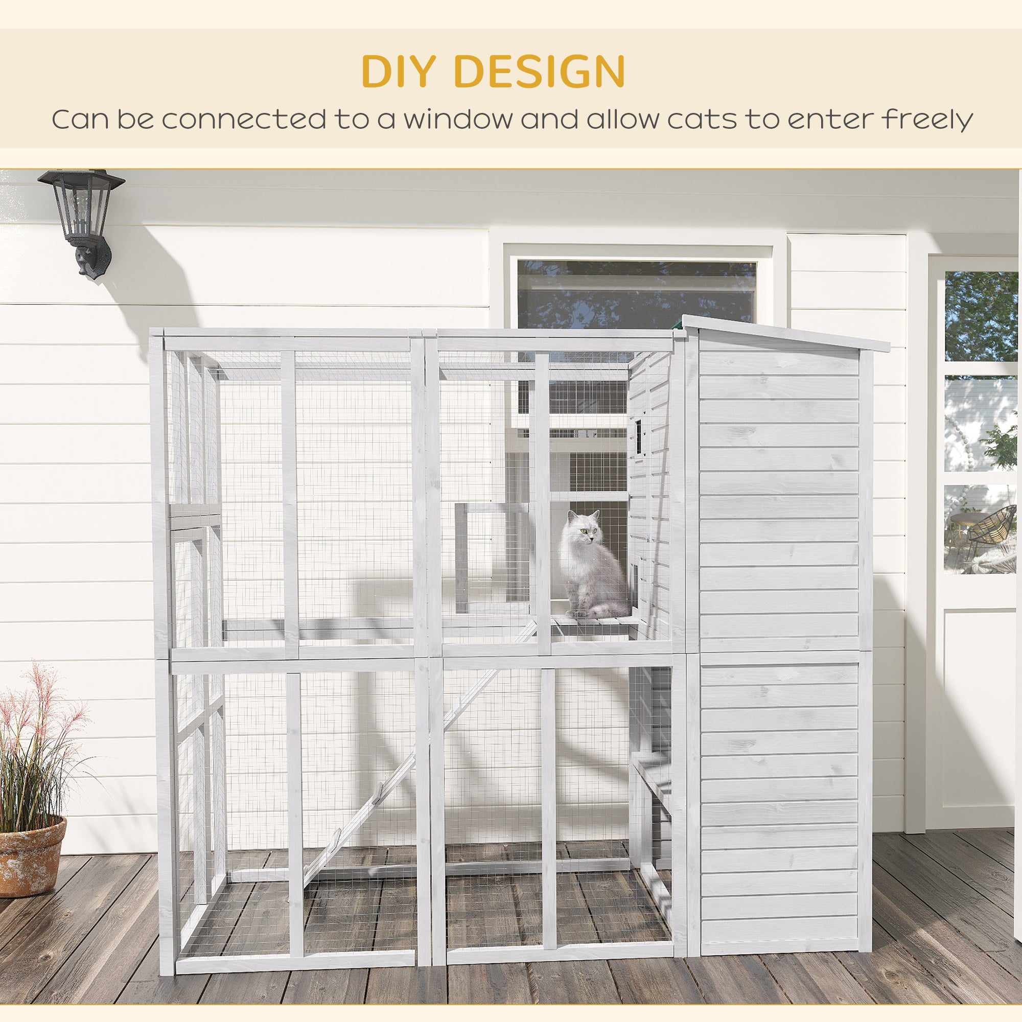 PawHut Outdoor Catio, Cat House Wooden Feral Cat Shelter, Cat Cage with Platforms, Waterproof Asphalt Roof, Ramps, 77" L, White