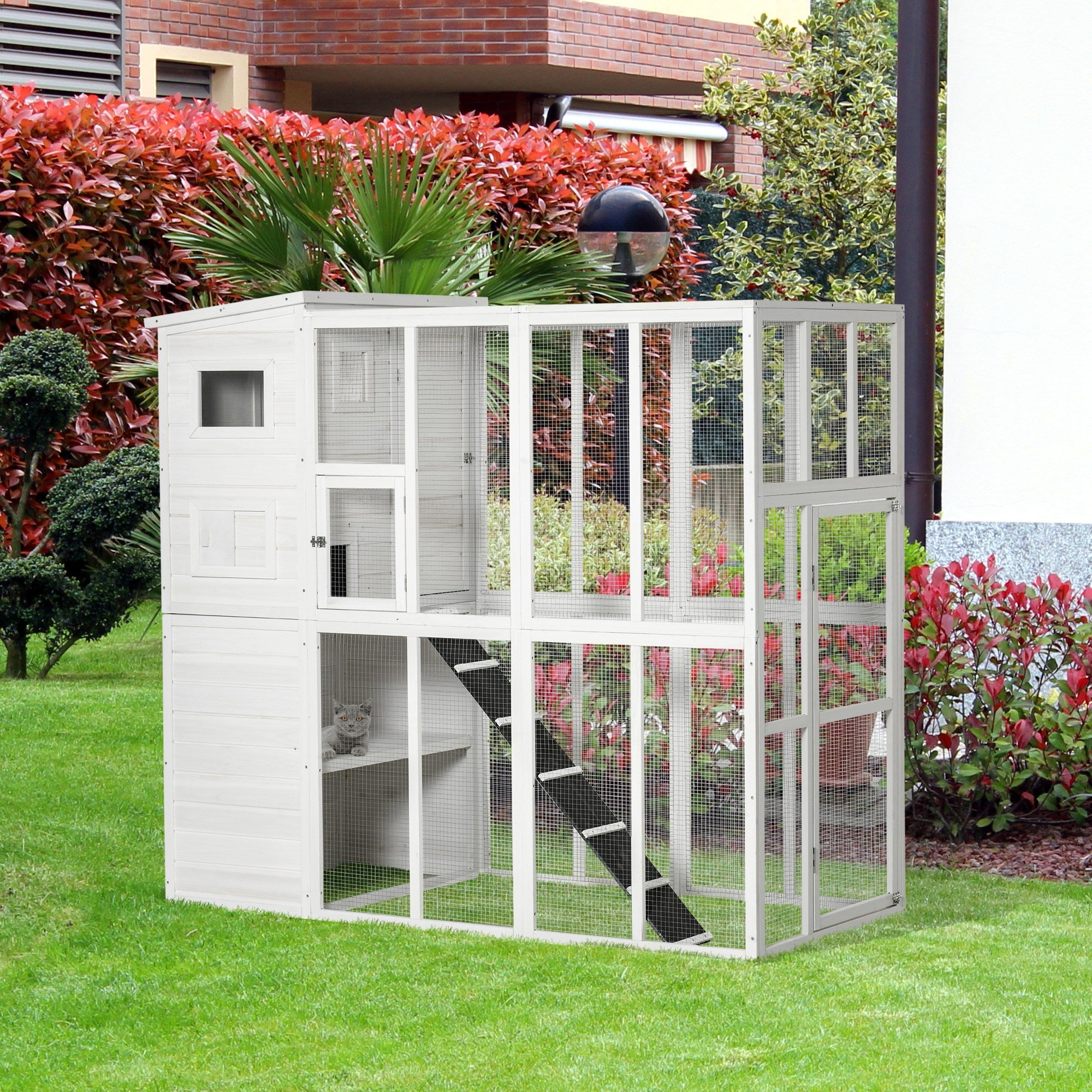 PawHut Outdoor Catio, Cat House Wooden Feral Cat Shelter, Cat Cage with Platforms, Waterproof Asphalt Roof, Ramps, 77" L, White