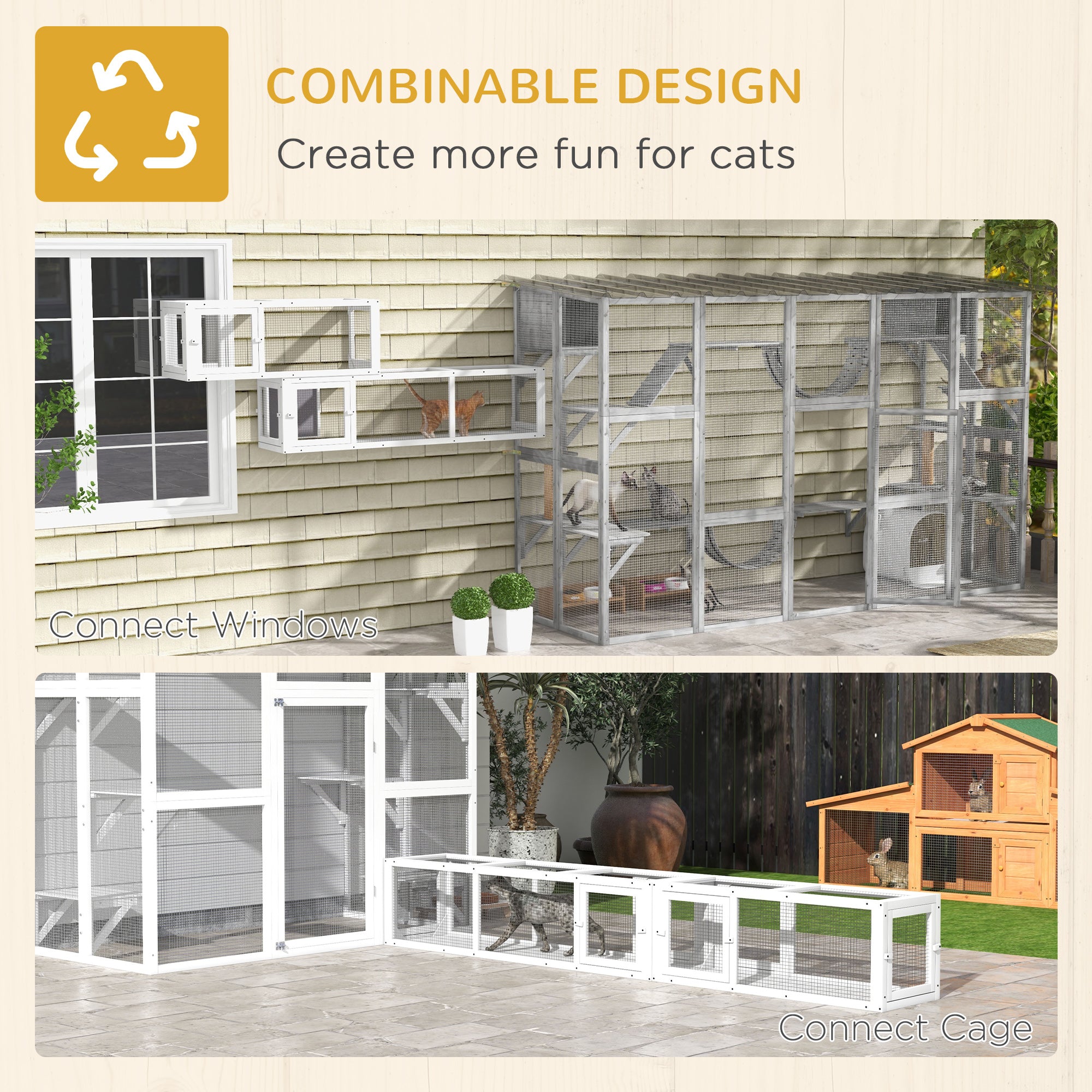 PawHut Cat Tunnel Outdoor, Wooden Cat Tube with Combinable Design, 8 Doors, 98" Cat Toys for Kitty, Puppy, Pet, House, Window, Cage, White