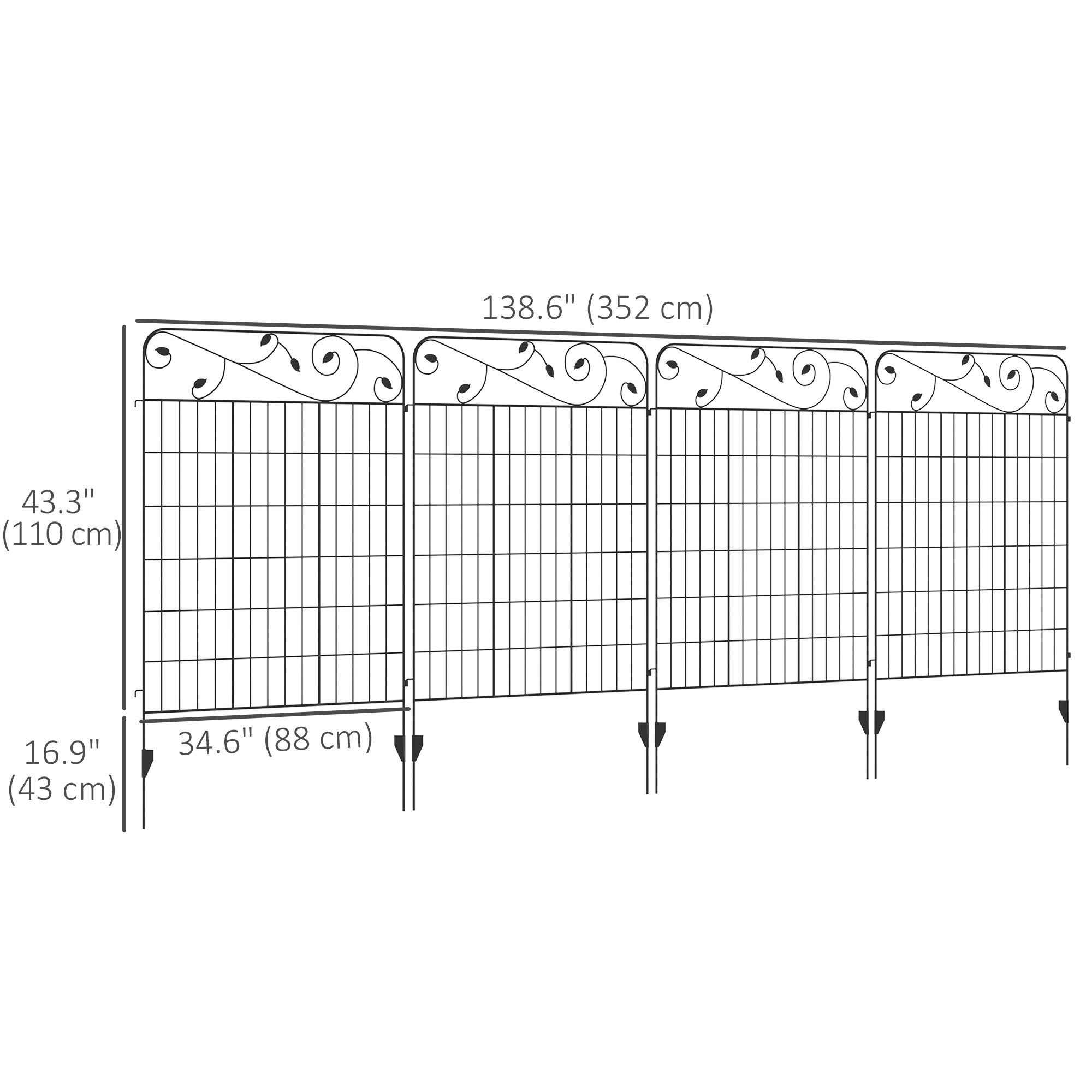 Outsunny Garden Fence, 4 Pack Metal Fence Panels, 11.5' Animal Barrier & Decorative Border Flower Edging for Yard, Landscape, Patio, Outdoor Décor, 43" H, Square Vines
