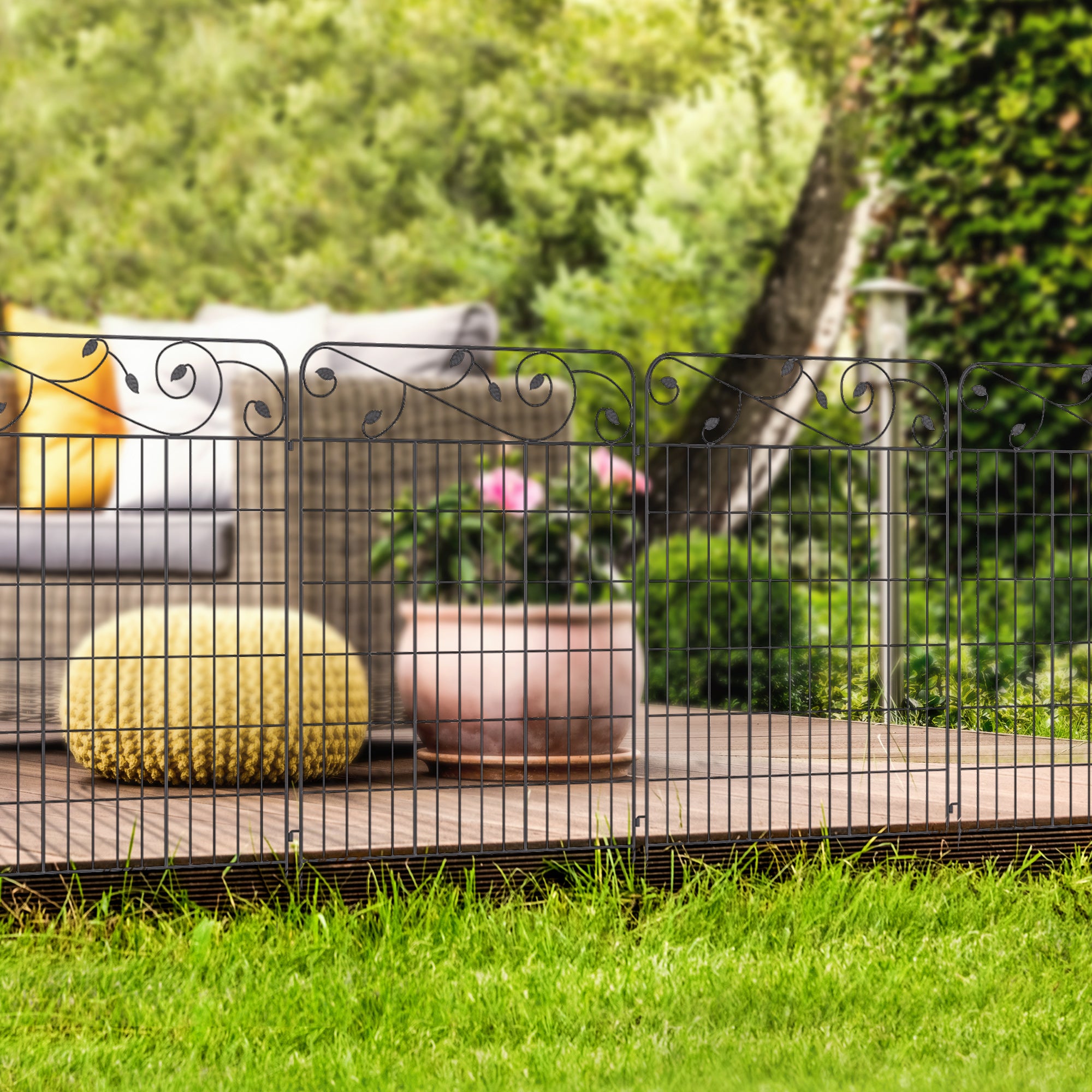 Outsunny Garden Fence, 4 Pack Metal Fence Panels, 11.5' Animal Barrier & Decorative Border Flower Edging for Yard, Landscape, Patio, Outdoor Décor, 43" H, Square Vines