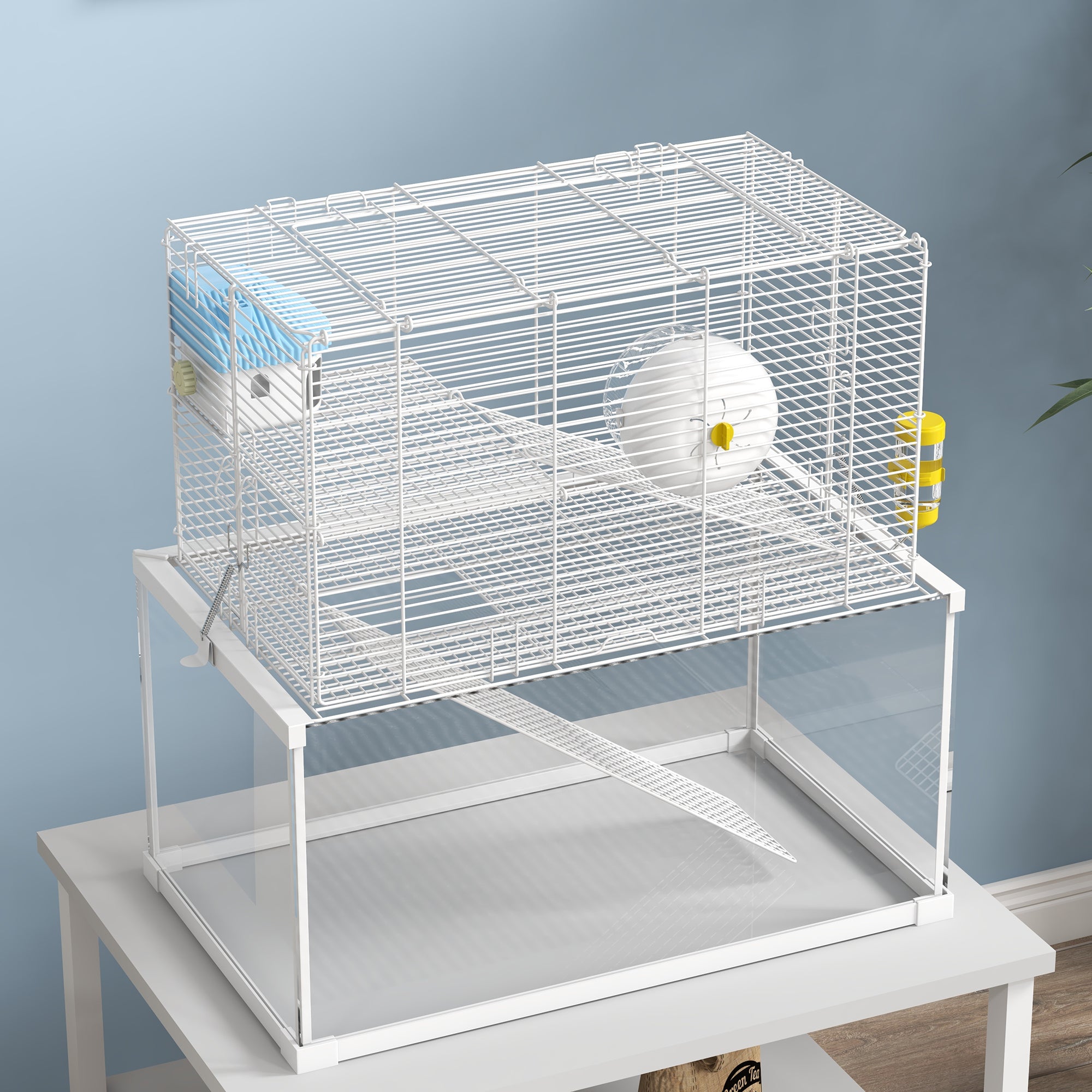 PawHut 3 Tiers Hamster Cage, Gerbil Cage with Deep Glass Bottom, Ramps, Platforms, Hut, Exercise Wheel, Water Bottle, for Dwarf Hamsters, 49.5 x 29.5 x 51cm
