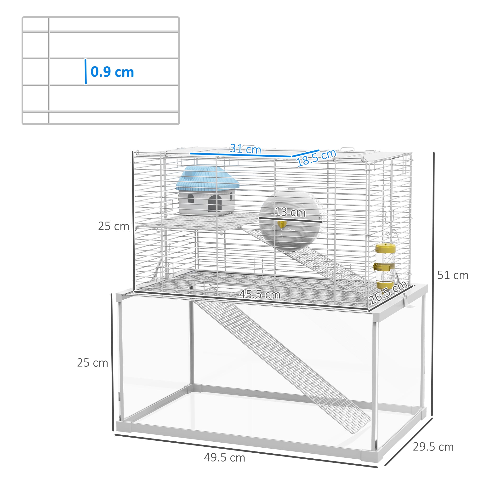 PawHut 3 Tiers Hamster Cage, Gerbil Cage with Deep Glass Bottom, Ramps, Platforms, Hut, Exercise Wheel, Water Bottle, for Dwarf Hamsters, 49.5 x 29.5 x 51cm