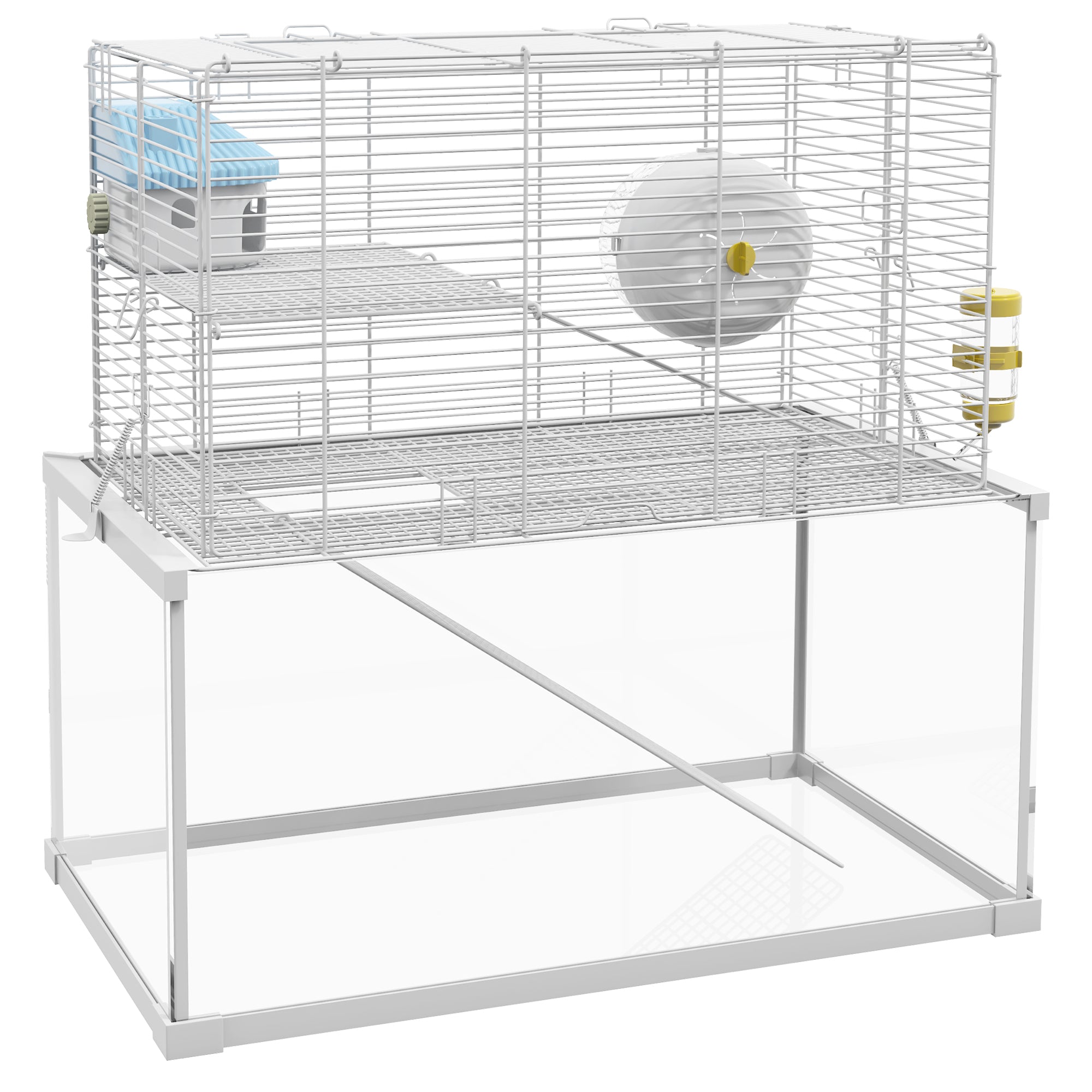PawHut 3 Tiers Hamster Cage, Gerbil Cage with Deep Glass Bottom, Ramps, Platforms, Hut, Exercise Wheel, Water Bottle, for Dwarf Hamsters, 49.5 x 29.5 x 51cm