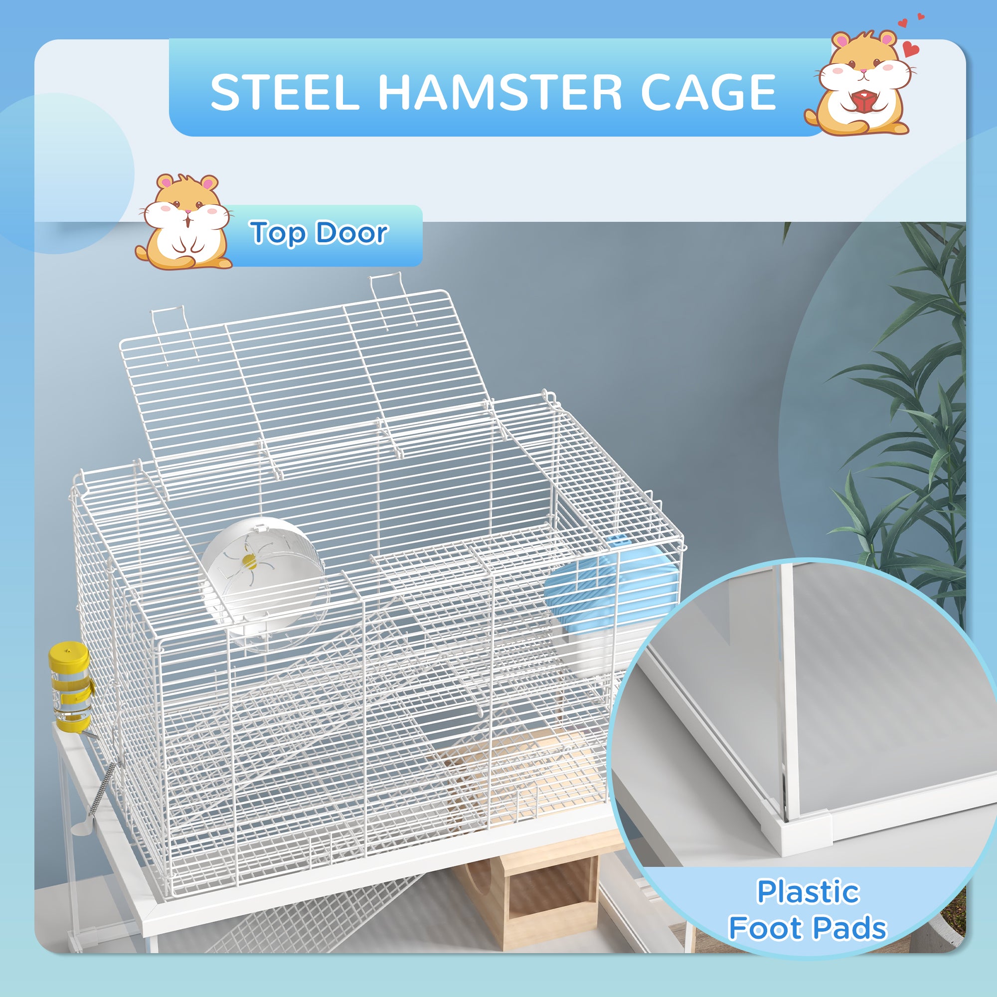 PawHut 3 Tiers Hamster Cage, Gerbil Cage with Deep Glass Bottom, Ramps, Platforms, Hut, Exercise Wheel, Water Bottle, for Dwarf Hamsters, 49.5 x 29.5 x 51cm