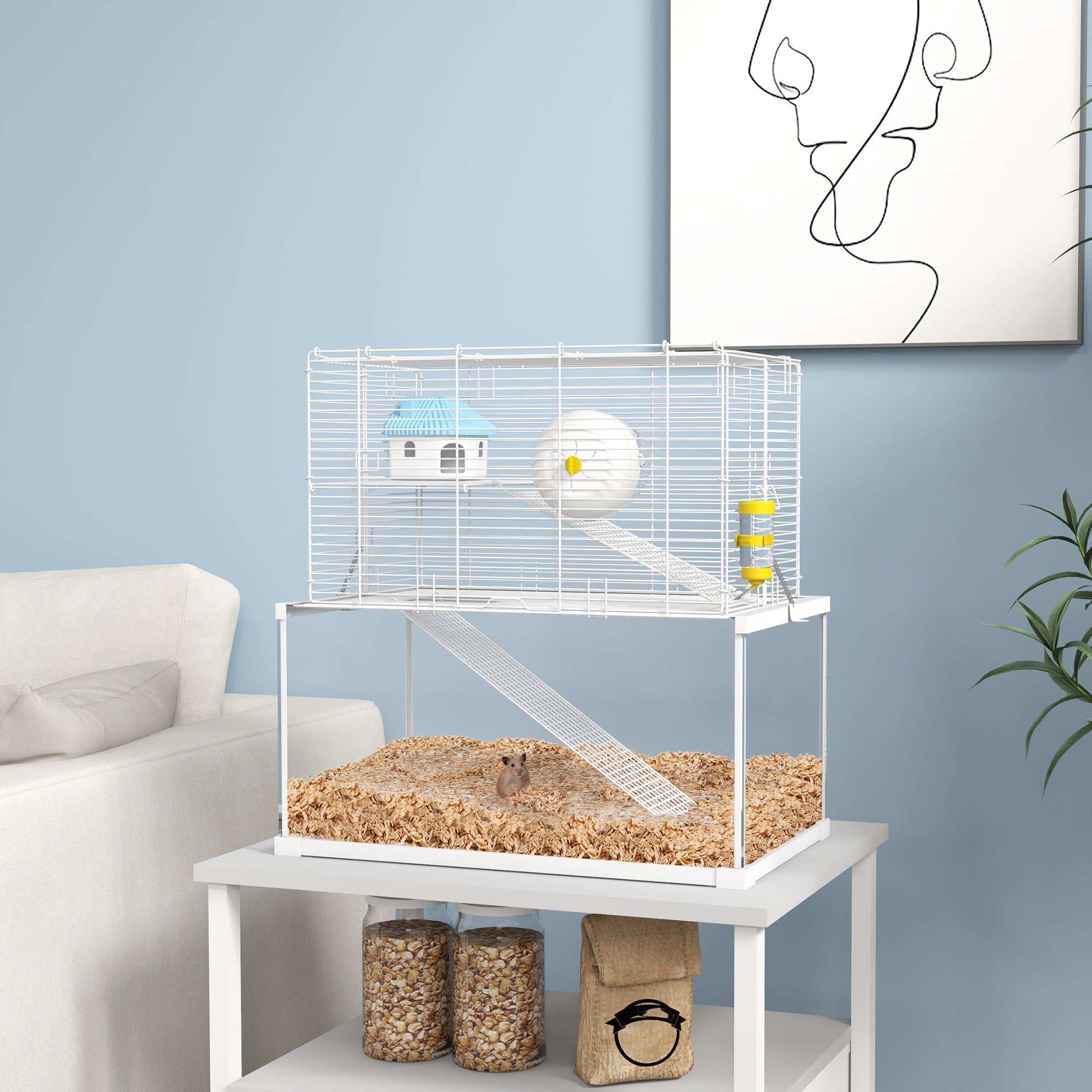 PawHut 3 Tiers Hamster Cage, Gerbil Cage with Deep Glass Bottom, Ramps, Platforms, Hut, Exercise Wheel, Water Bottle, for Dwarf Hamsters, 49.5 x 29.5 x 51cm
