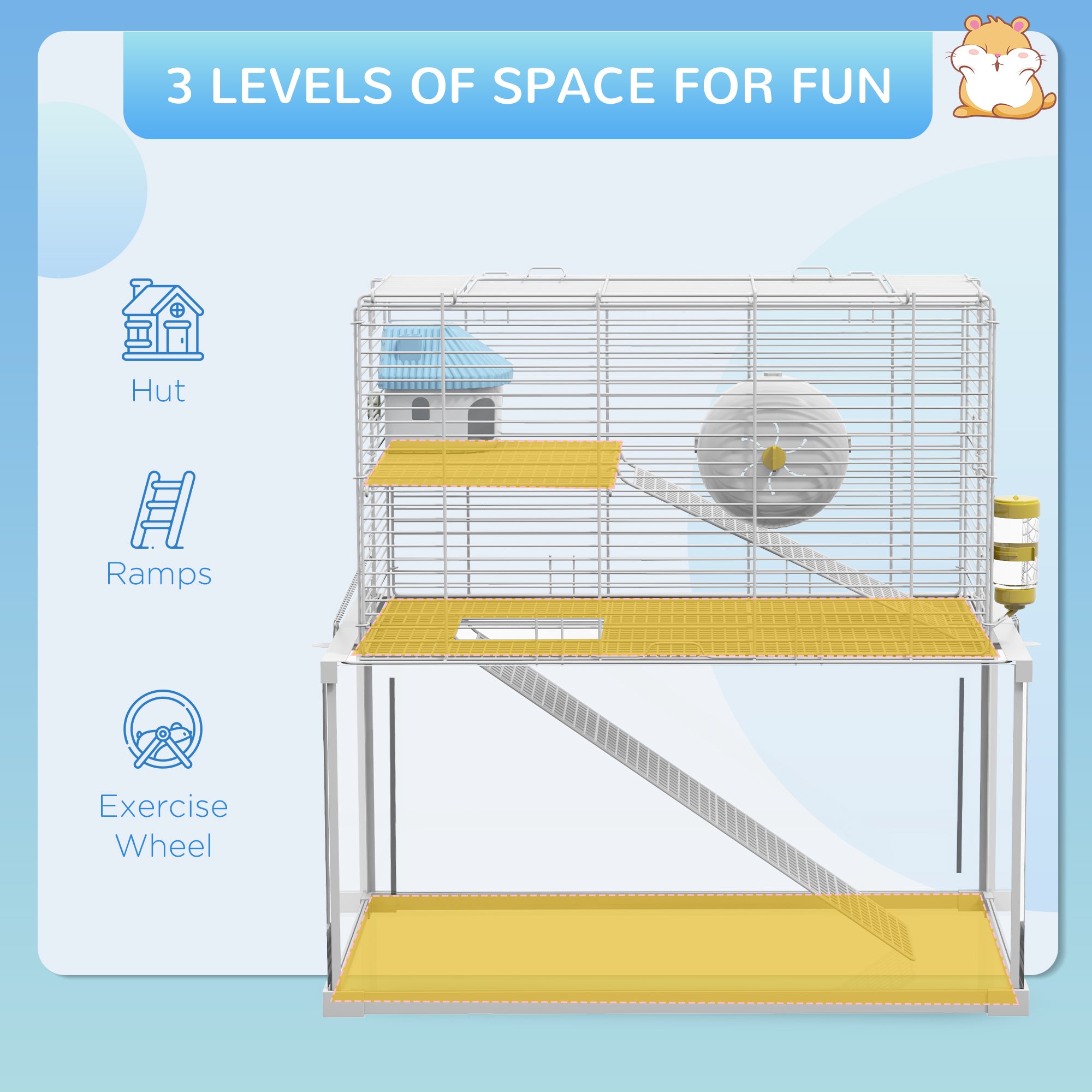 PawHut 3 Tiers Hamster Cage, Gerbil Cage with Deep Glass Bottom, Ramps, Platforms, Hut, Exercise Wheel, Water Bottle, for Dwarf Hamsters, 49.5 x 29.5 x 51cm