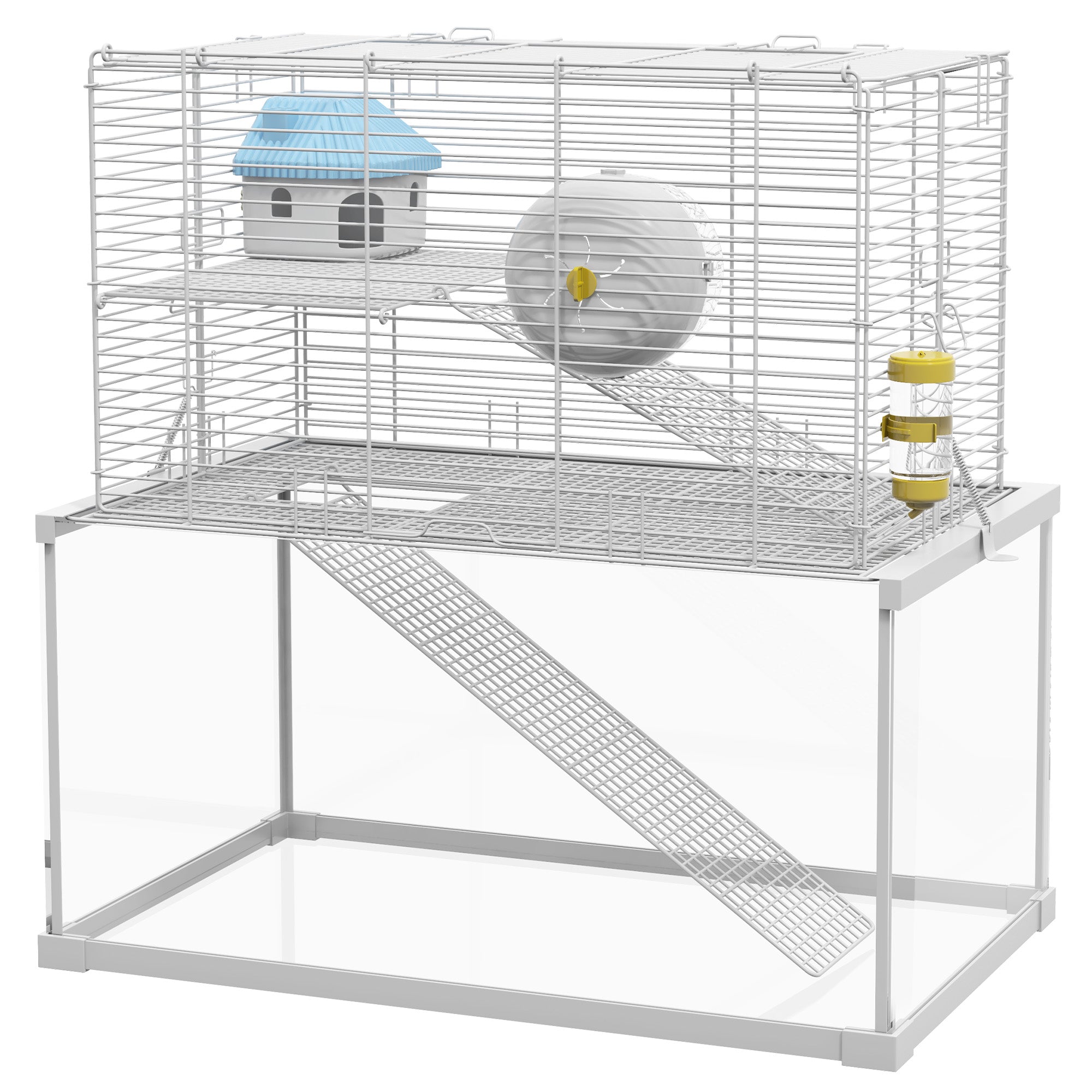 PawHut 3 Tiers Hamster Cage, Gerbil Cage with Deep Glass Bottom, Ramps, Platforms, Hut, Exercise Wheel, Water Bottle, for Dwarf Hamsters, 49.5 x 29.5 x 51cm