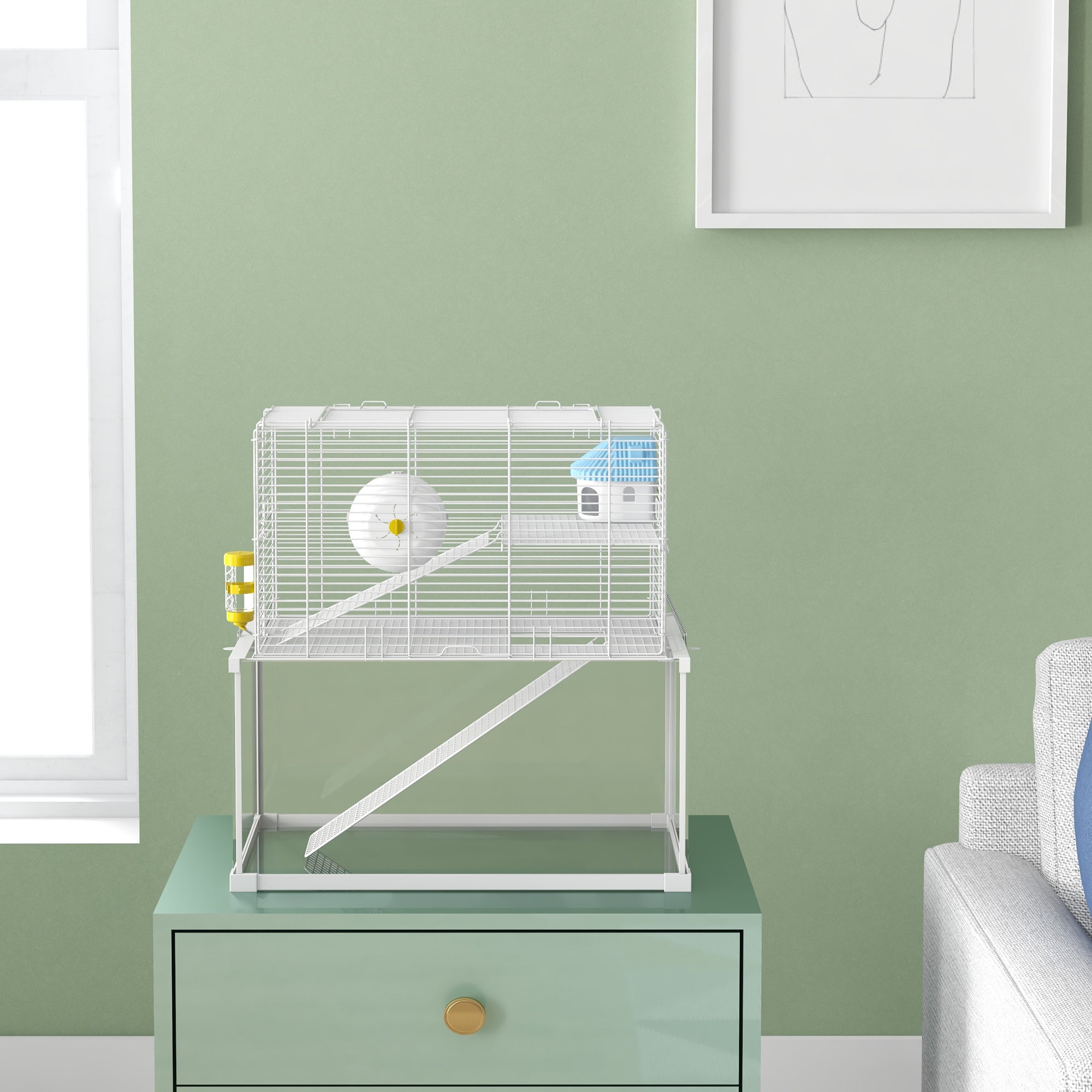 PawHut 3 Tiers Hamster Cage, Gerbil Cage with Deep Glass Bottom, Ramps, Platforms, Hut, Exercise Wheel, Water Bottle, for Dwarf Hamsters, 49.5 x 29.5 x 51cm