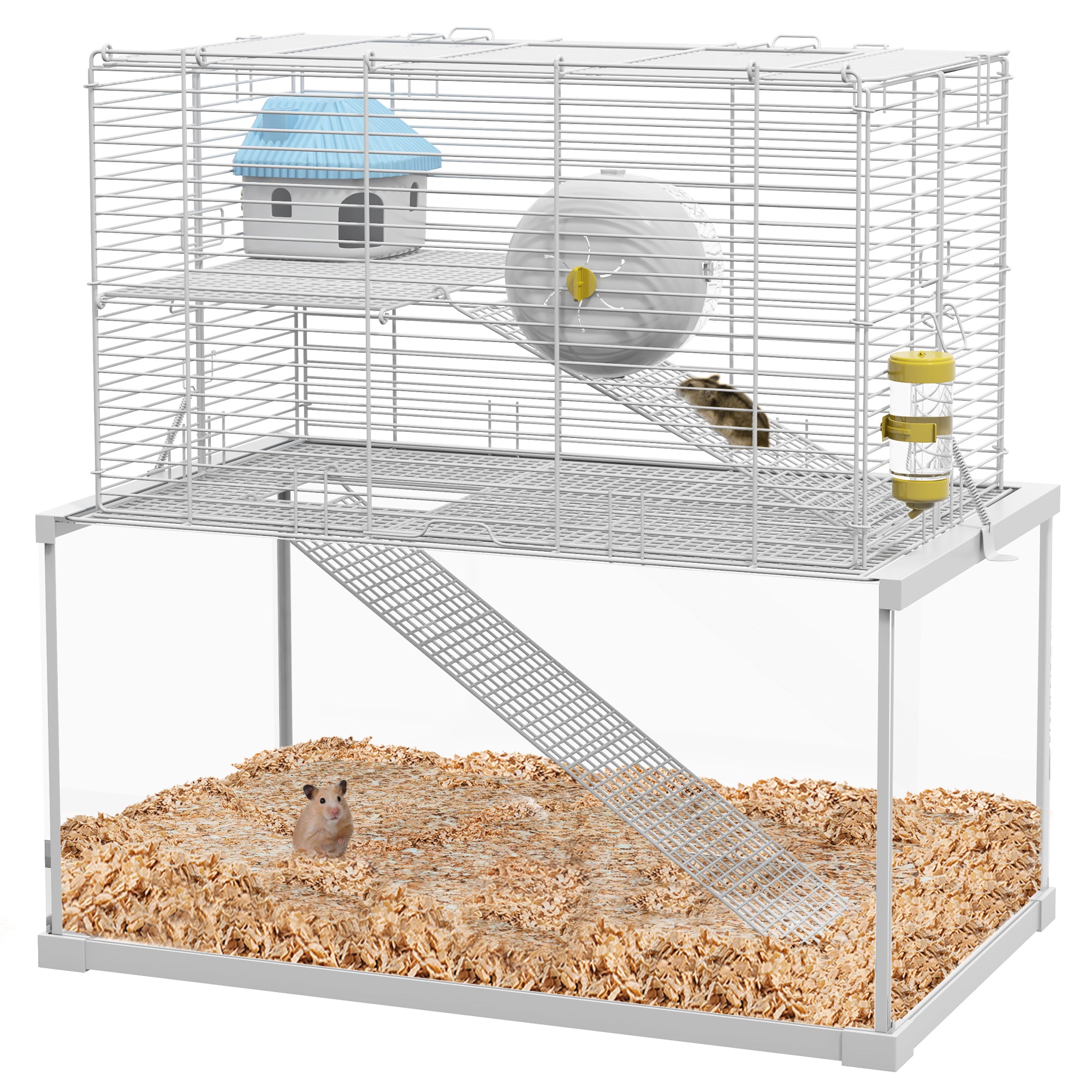 PawHut 3 Tiers Hamster Cage, Gerbil Cage with Deep Glass Bottom, Ramps, Platforms, Hut, Exercise Wheel, Water Bottle, for Dwarf Hamsters, 49.5 x 29.5 x 51cm