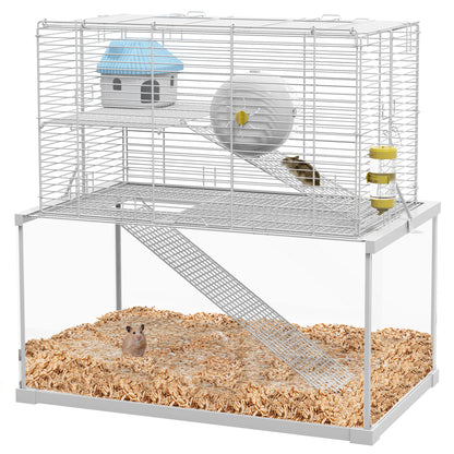 PawHut 3 Tiers Hamster Cage, Gerbil Cage with Deep Glass Bottom, Ramps, Platforms, Hut, Exercise Wheel, Water Bottle, for Dwarf Hamsters, 49.5 x 29.5 x 51cm