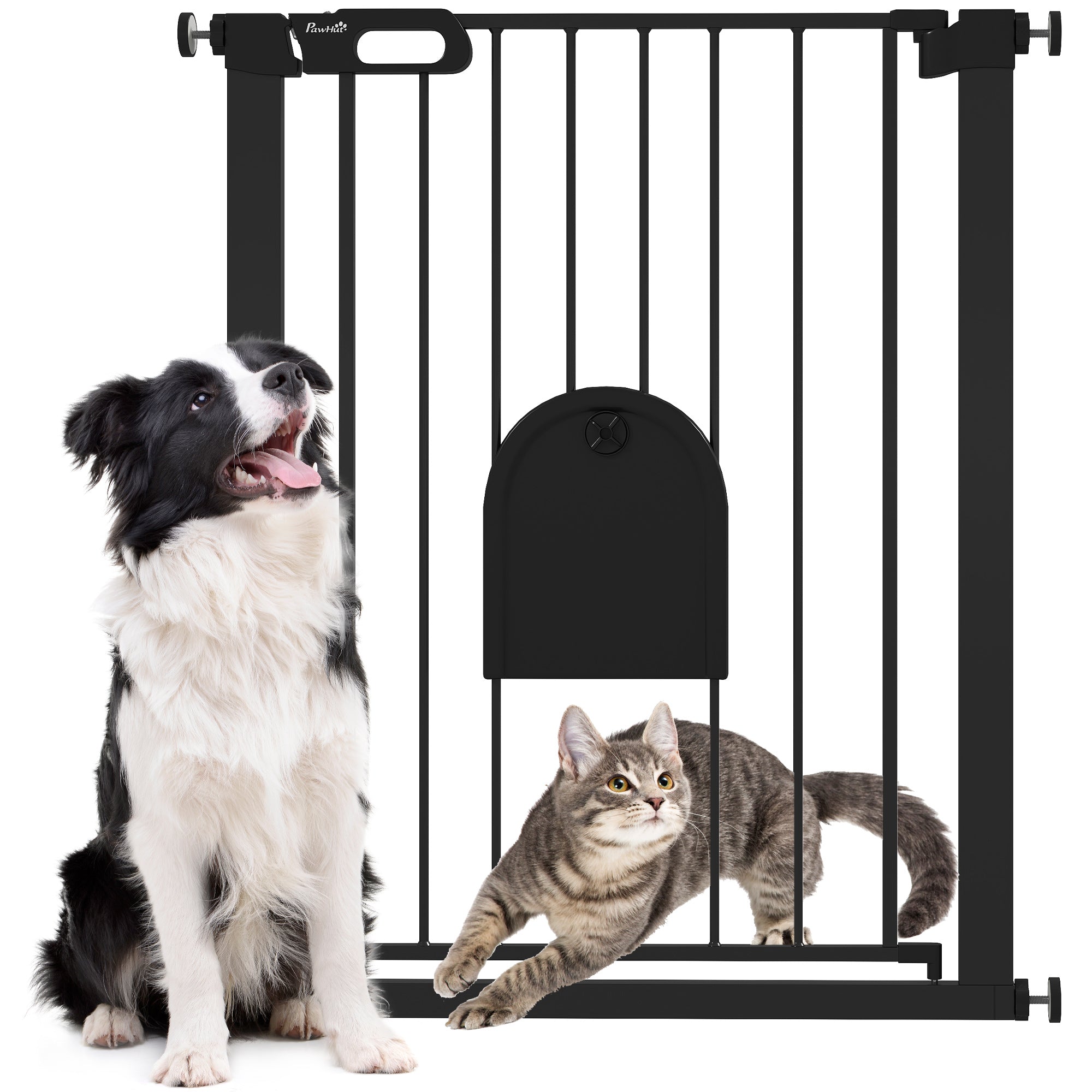PawHut 30"-32" Extra Wide Pet Gate with Small Door, 35"H Dog Gate with Safety Gate Barrier, Stair Pressure Fit, Auto Close, Double Locking, for Doorways, Hallways, Black