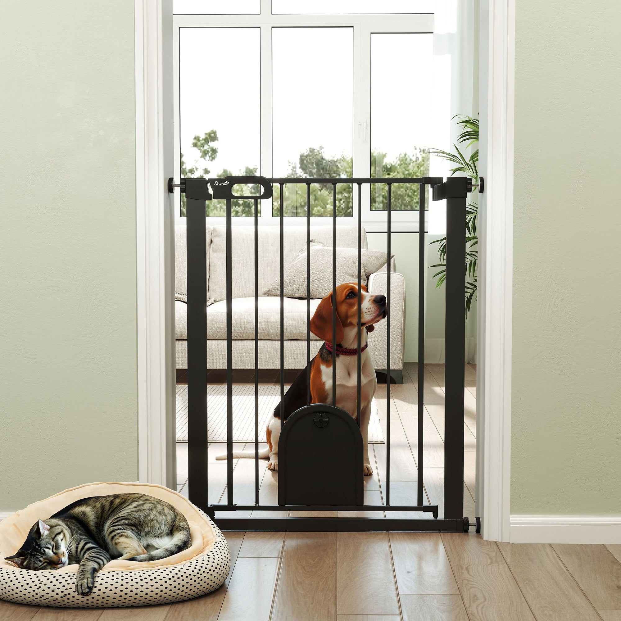 PawHut 30"-32" Extra Wide Pet Gate with Small Door, 35"H Dog Gate with Safety Gate Barrier, Stair Pressure Fit, Auto Close, Double Locking, for Doorways, Hallways, Black