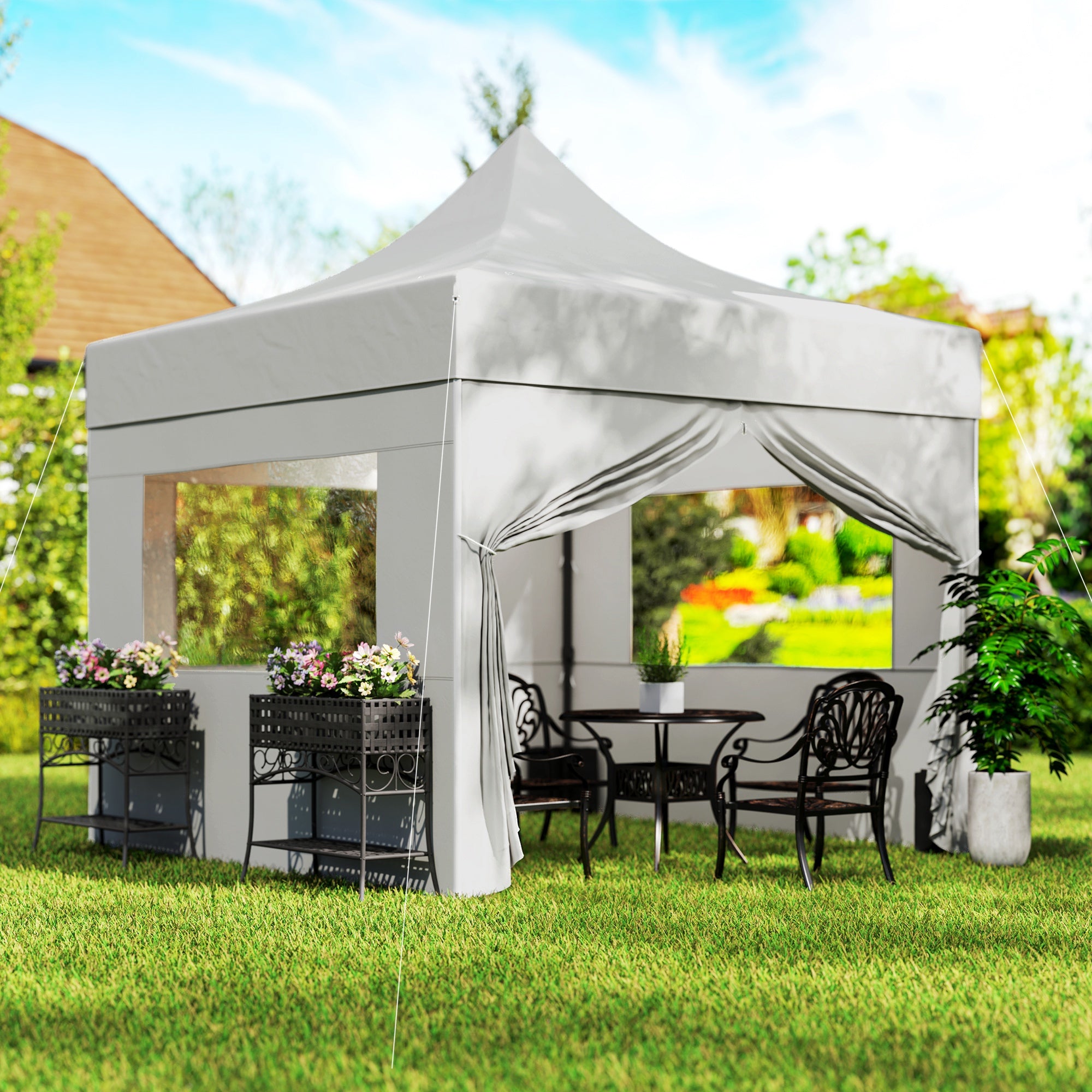 Outsunny 10' x 10' Pop Up Canopy Tent with Sidewalls, UPF50+ Instant Sun Shelter, Height Adjustable Portable Gazebo, with Wheeled Bag and Sand Bags for Outdoor, Garden, Patio