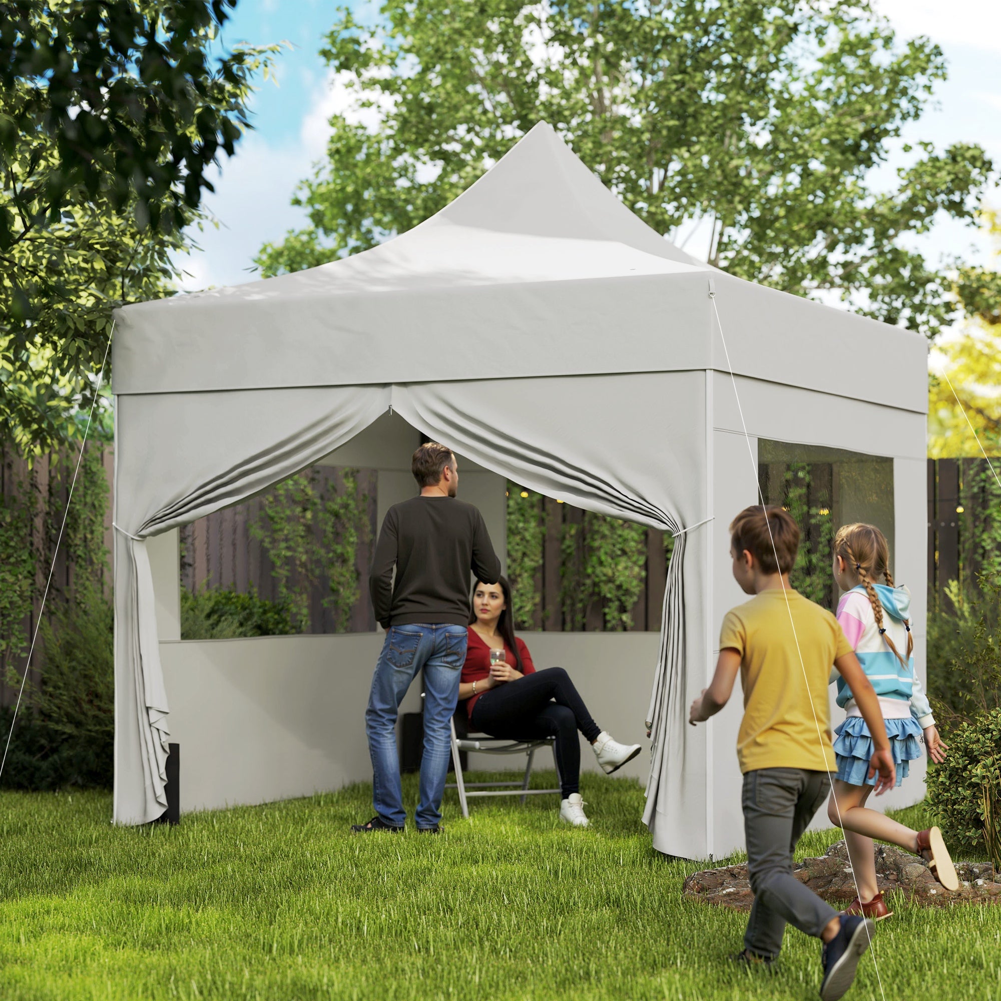 Outsunny 10' x 10' Pop Up Canopy Tent with Sidewalls, UPF50+ Instant Sun Shelter, Height Adjustable Portable Gazebo, with Wheeled Bag and Sand Bags for Outdoor, Garden, Patio