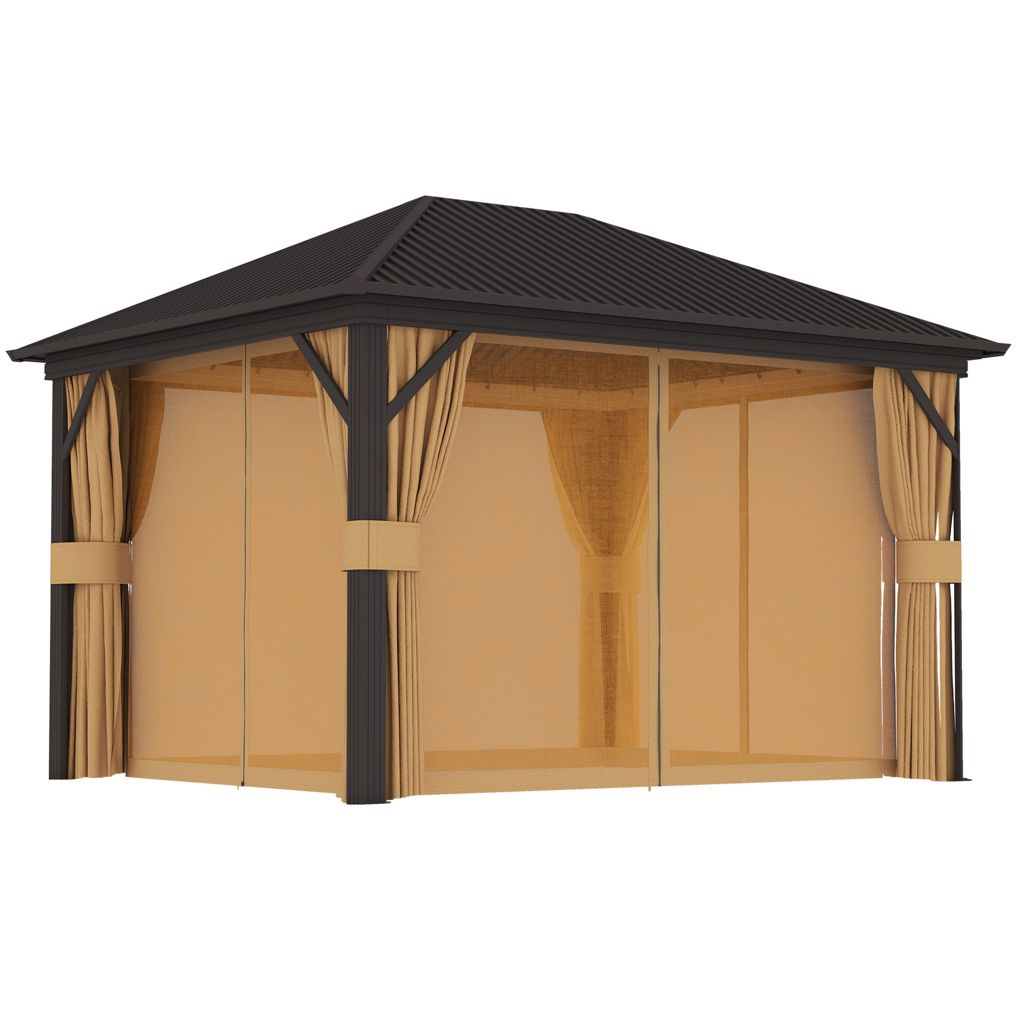 Outsunny 10' x 12' Hardtop Gazebo Canopy with Galvanized Steel Roof, Aluminum Frame, Permanent Pavilion Outdoor Gazebo with Netting, Curtains, Top Hook, Brown