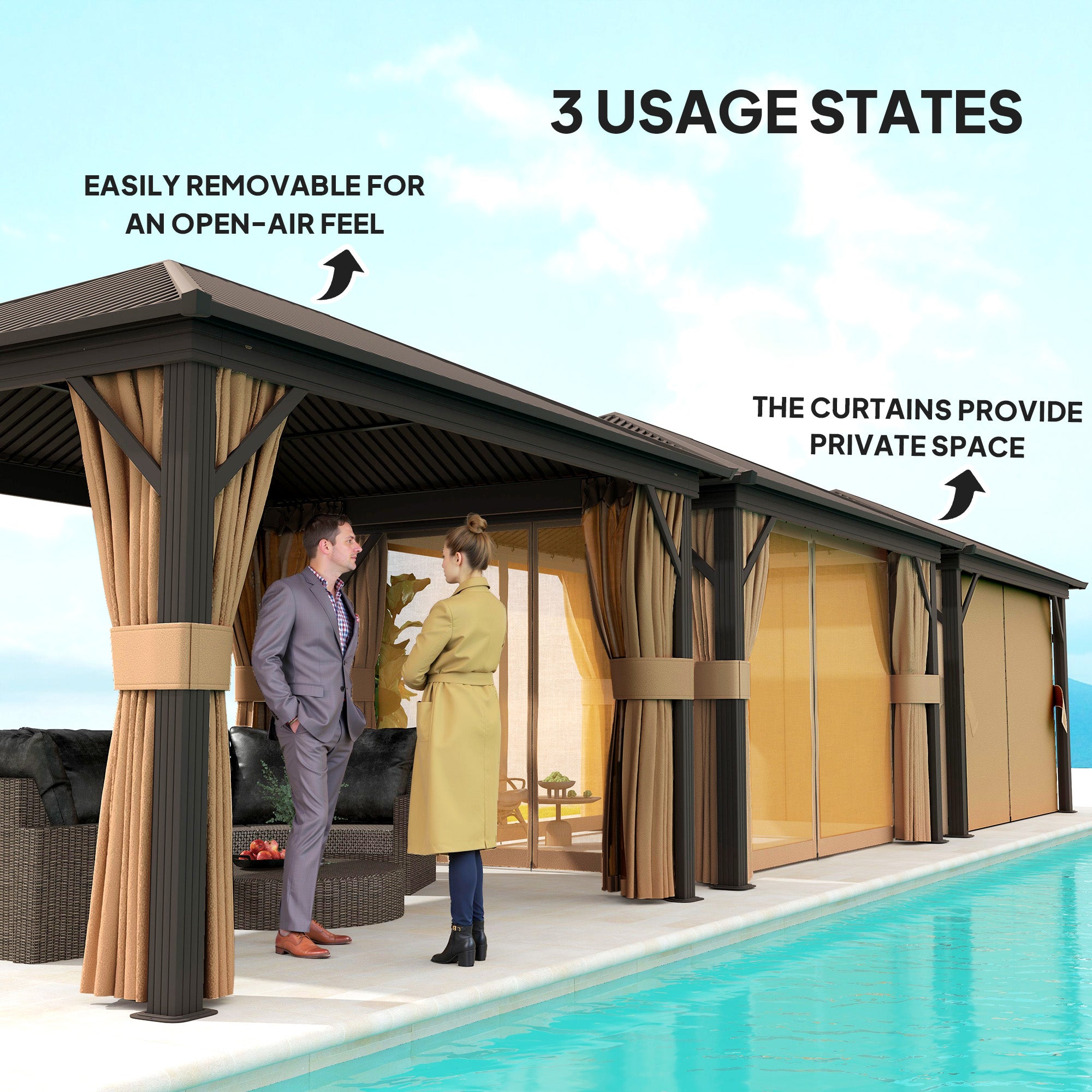 Outsunny 10' x 12' Hardtop Gazebo Canopy with Galvanized Steel Roof, Aluminum Frame, Permanent Pavilion Outdoor Gazebo with Netting, Curtains, Top Hook, Brown