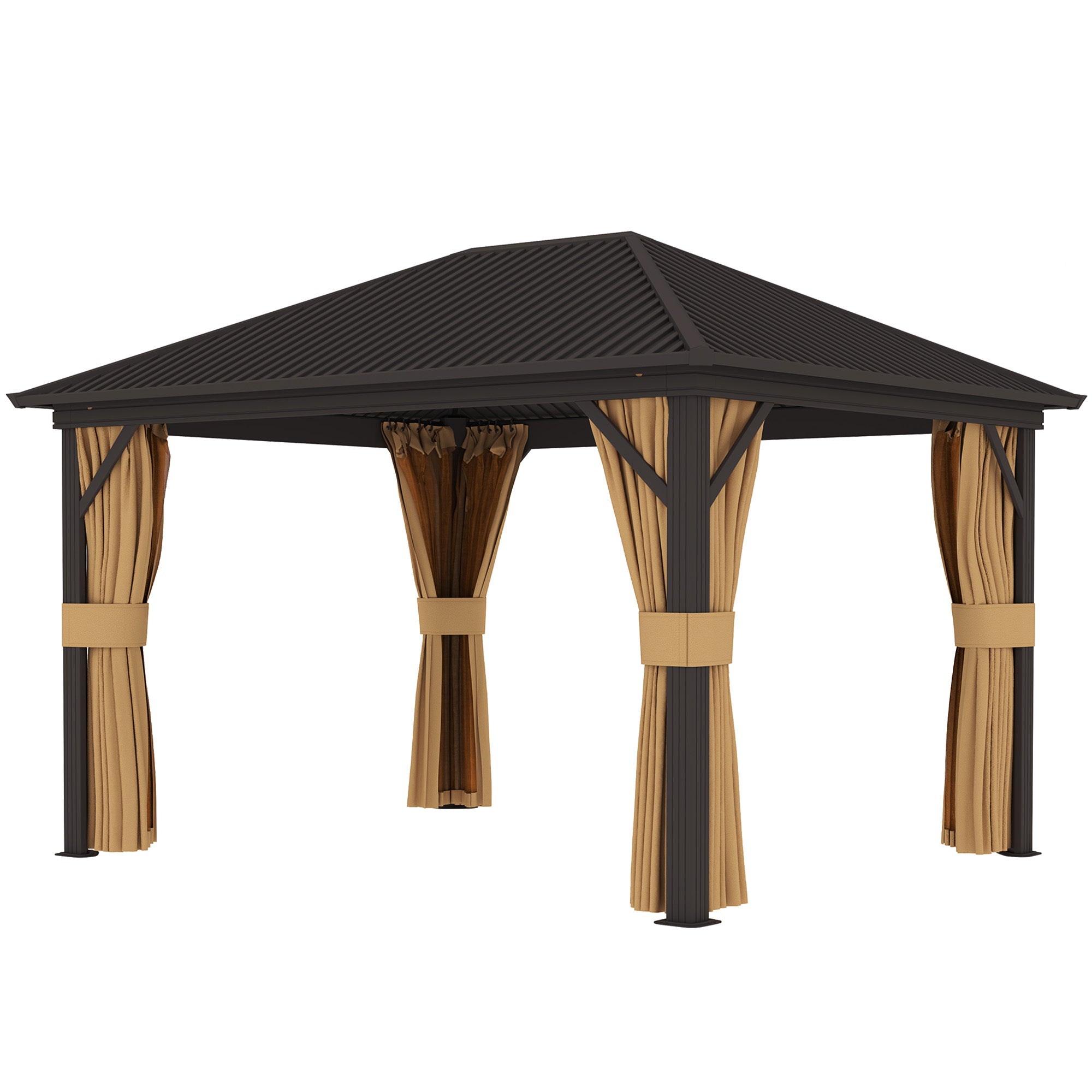 Outsunny 10' x 12' Hardtop Gazebo Canopy with Galvanized Steel Roof, Aluminum Frame, Permanent Pavilion Outdoor Gazebo with Netting, Curtains, Top Hook, Brown