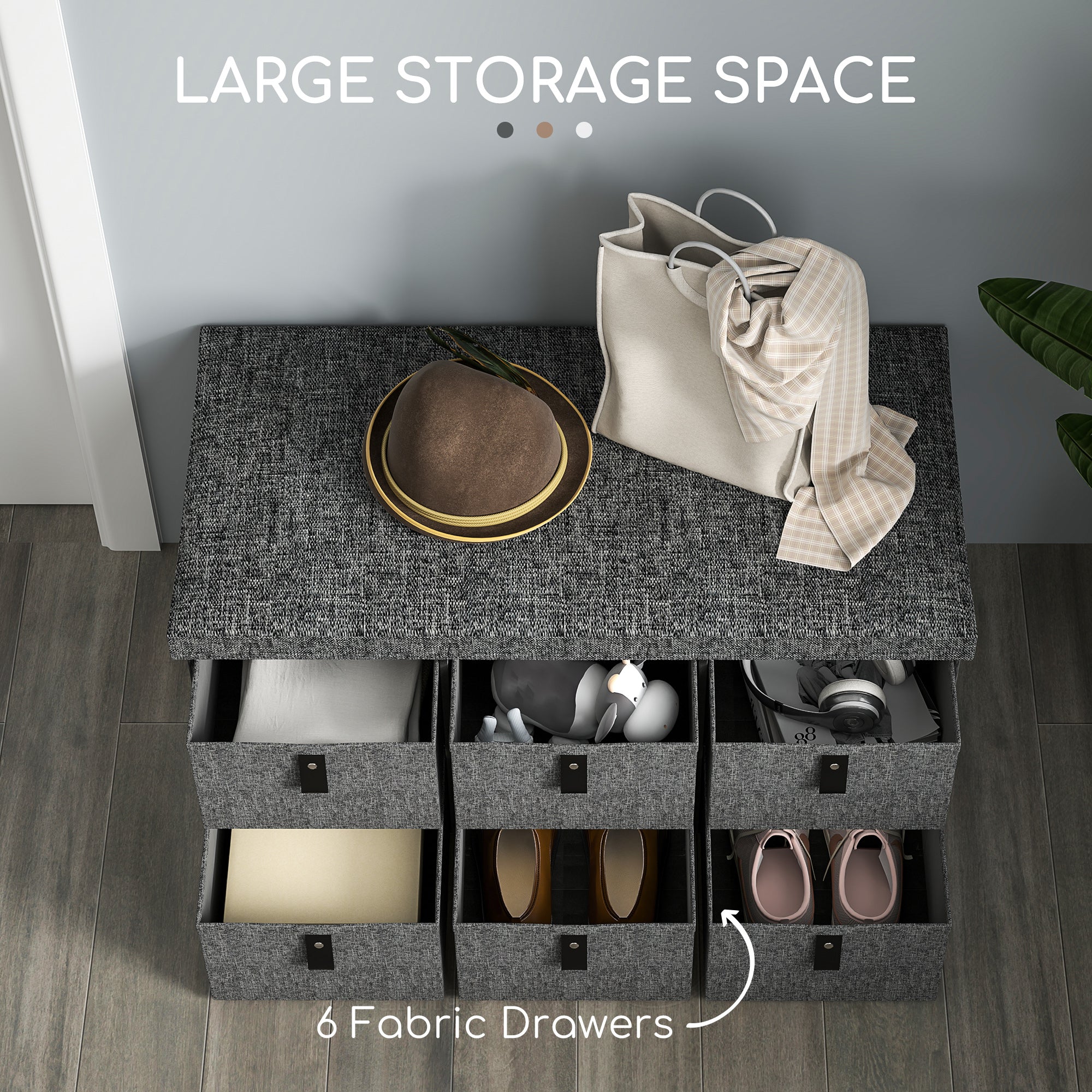 HOMCOM Shoe Bench with Seat, Shoe Storage Bench with Cushion and 6 Fabric Drawers for Entryway, Hallway, Living Room, Bedroom, Charcoal Grey