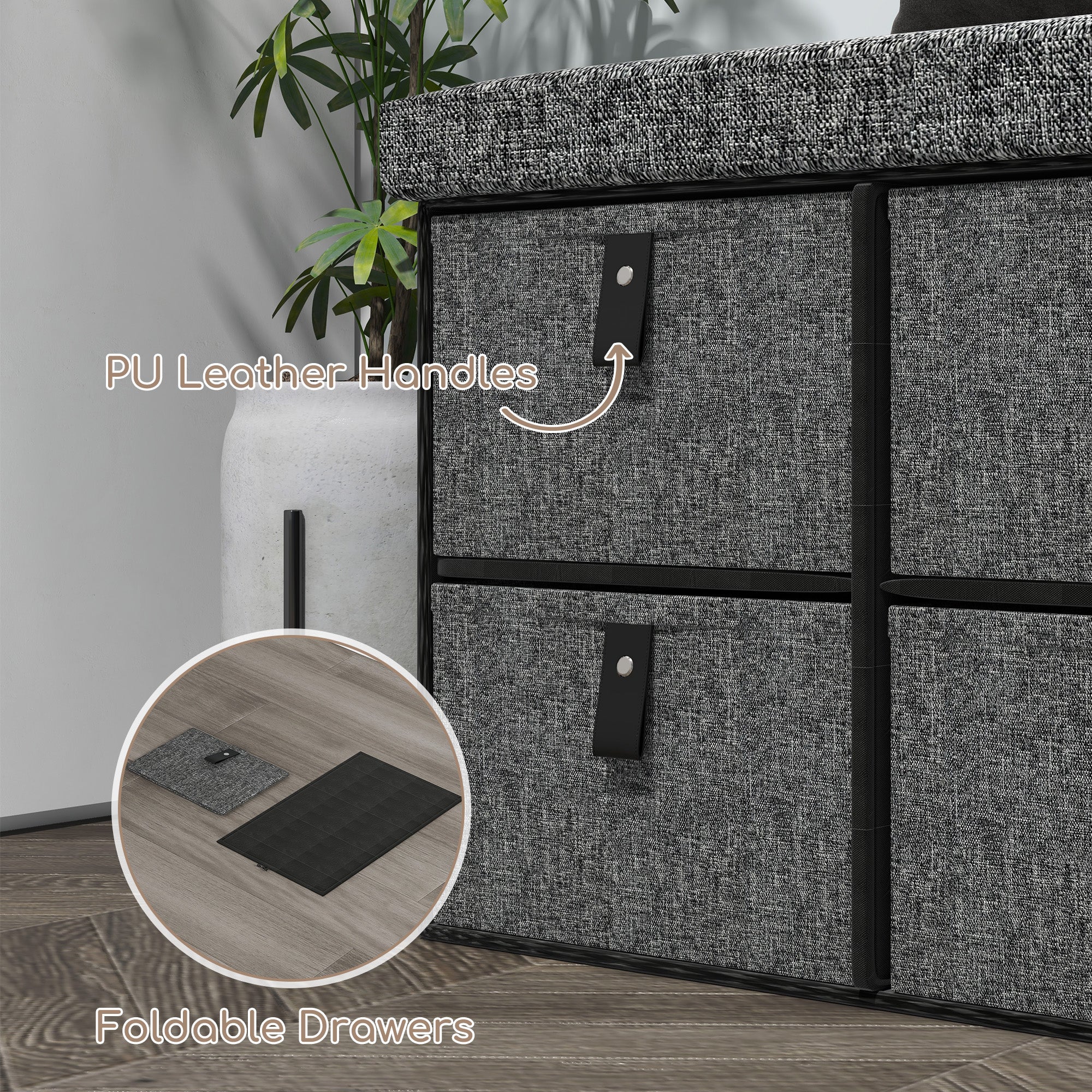 HOMCOM Shoe Bench with Seat, Shoe Storage Bench with Cushion and 6 Fabric Drawers for Entryway, Hallway, Living Room, Bedroom, Charcoal Grey