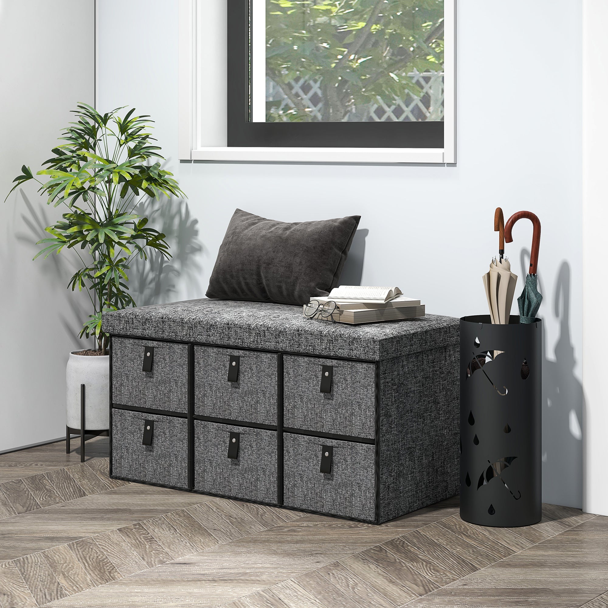 HOMCOM Shoe Bench with Seat, Shoe Storage Bench with Cushion and 6 Fabric Drawers for Entryway, Hallway, Living Room, Bedroom, Charcoal Grey
