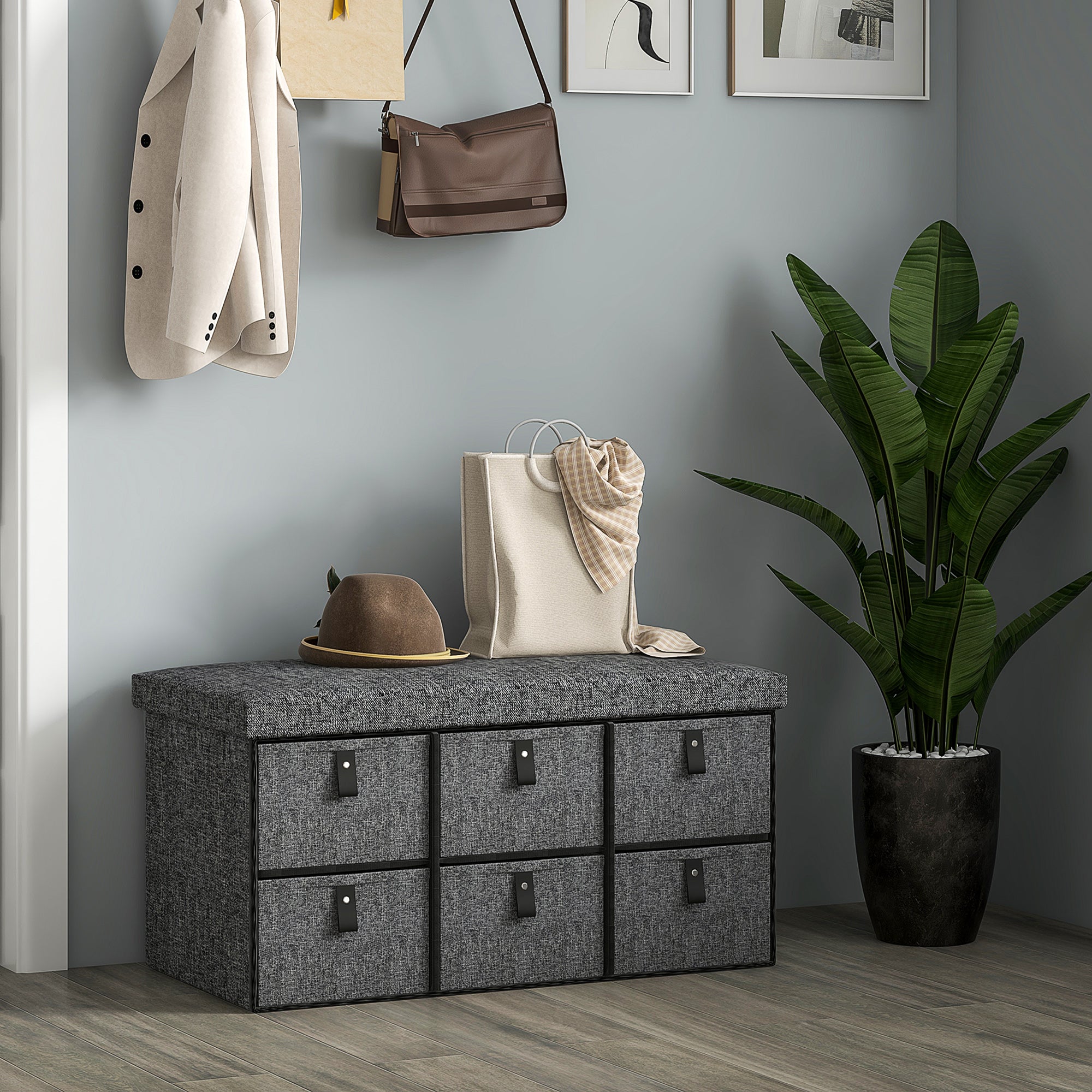 HOMCOM Shoe Bench with Seat, Shoe Storage Bench with Cushion and 6 Fabric Drawers for Entryway, Hallway, Living Room, Bedroom, Charcoal Grey