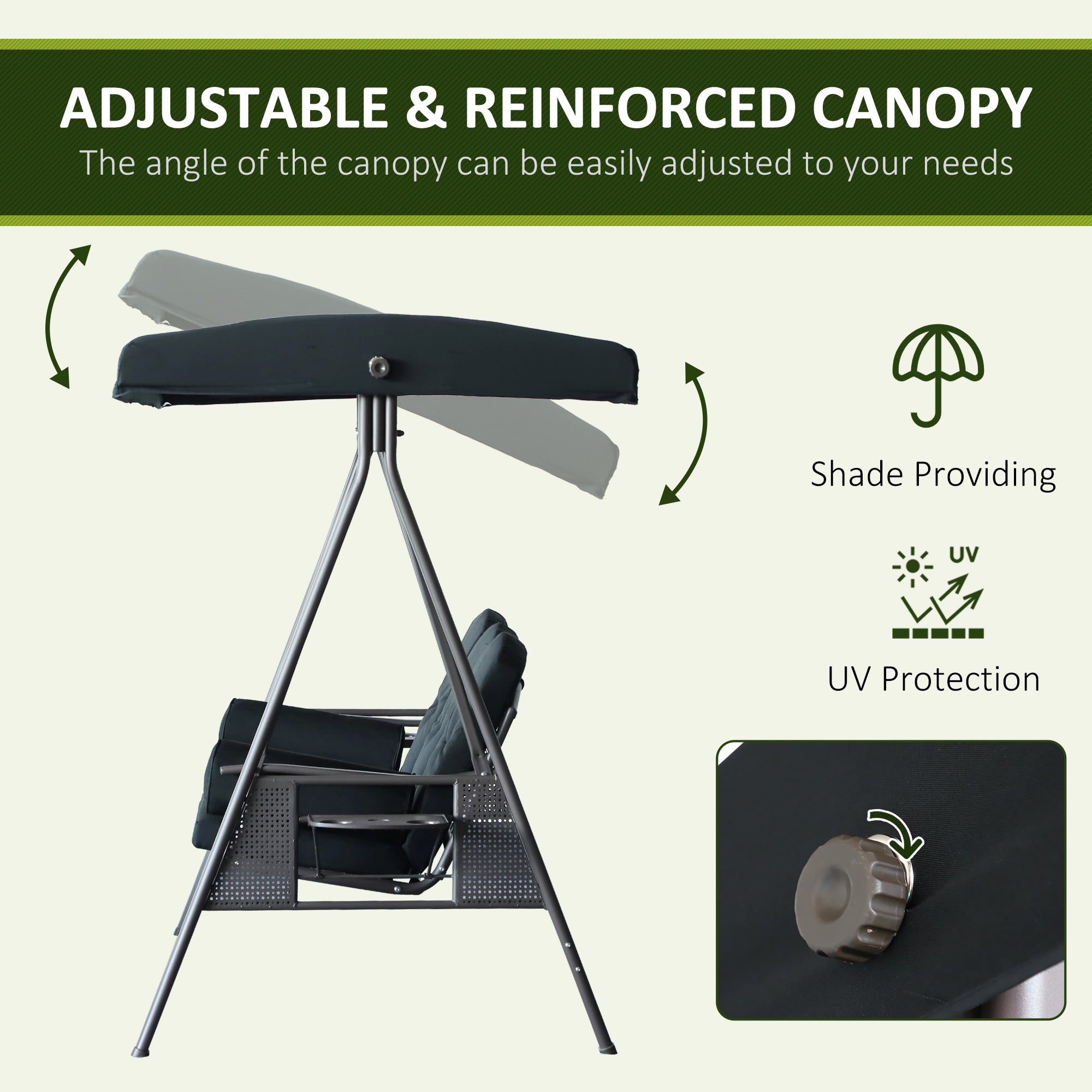 Outsunny 3 Seater Porch Swing Heavy Duty Outdoor Swing Chair Outdoor Lounge Hammock Cushioned Seat w/ Tilt Canopy, Black