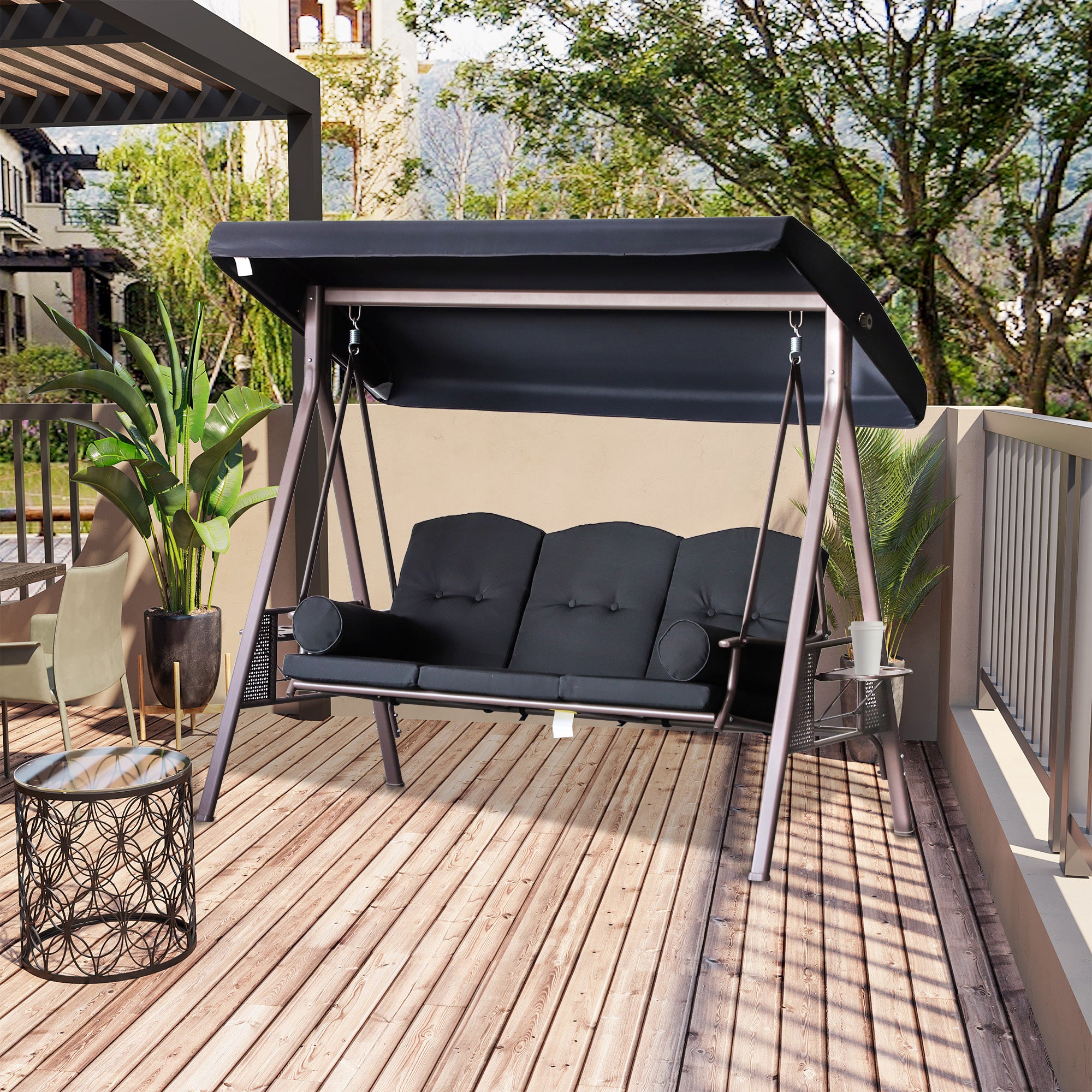 Outsunny 3 Seater Porch Swing Heavy Duty Outdoor Swing Chair Outdoor Lounge Hammock Cushioned Seat w/ Tilt Canopy, Black