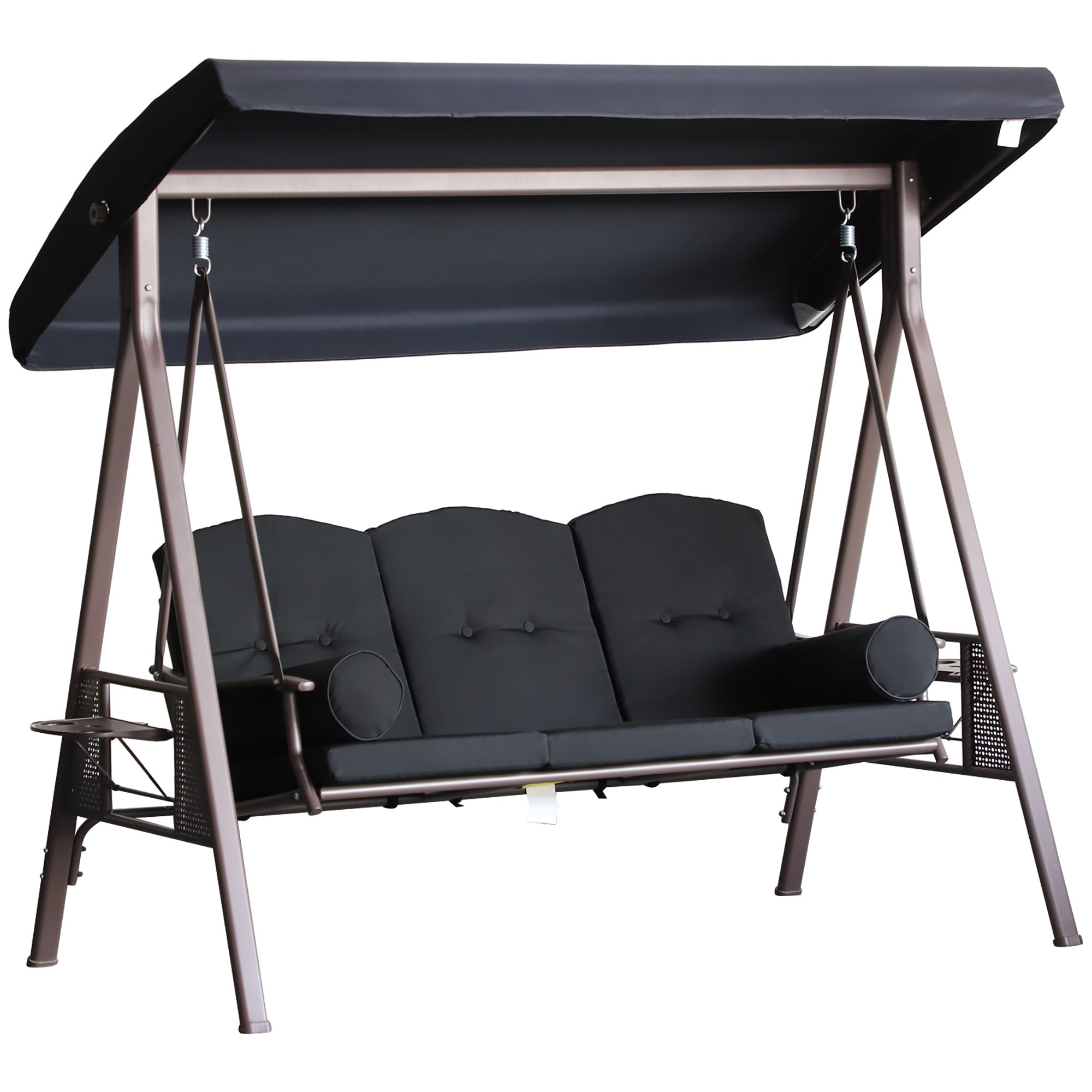 Outsunny 3 Seater Porch Swing Heavy Duty Outdoor Swing Chair Outdoor Lounge Hammock Cushioned Seat w/ Tilt Canopy, Black