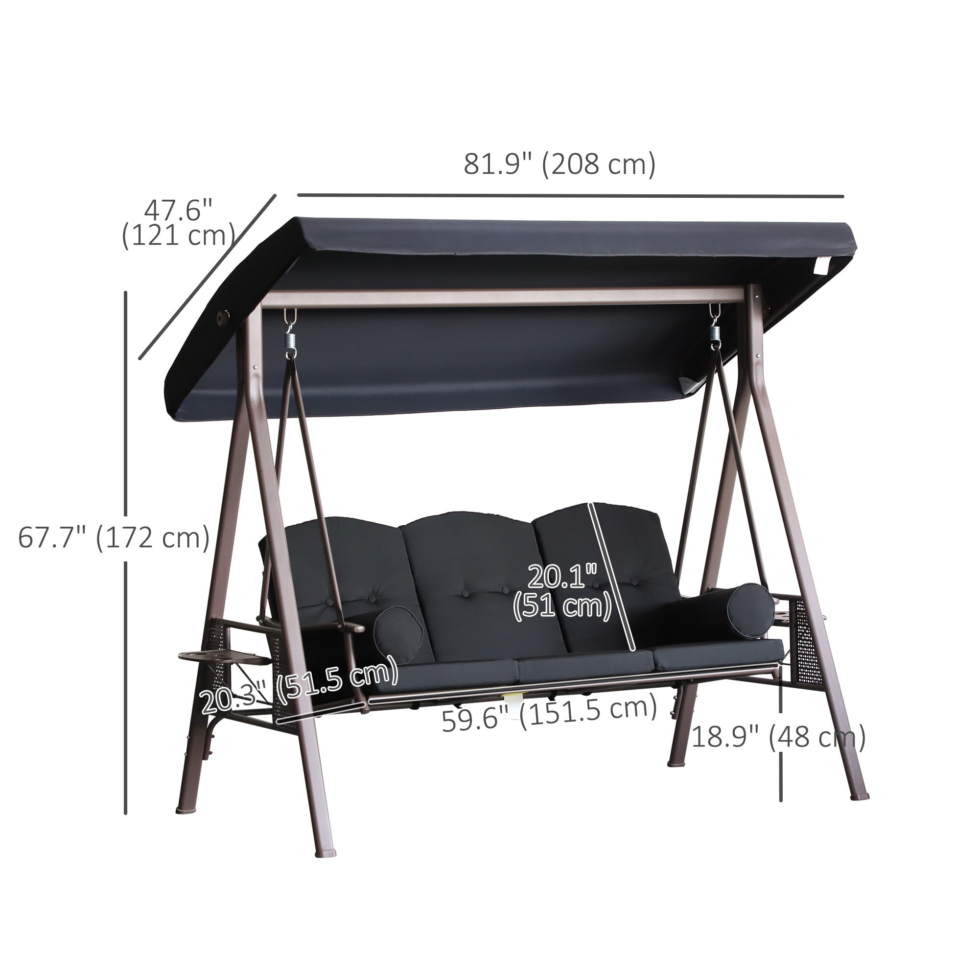 Outsunny 3 Seater Porch Swing Heavy Duty Outdoor Swing Chair Outdoor Lounge Hammock Cushioned Seat w/ Tilt Canopy, Black