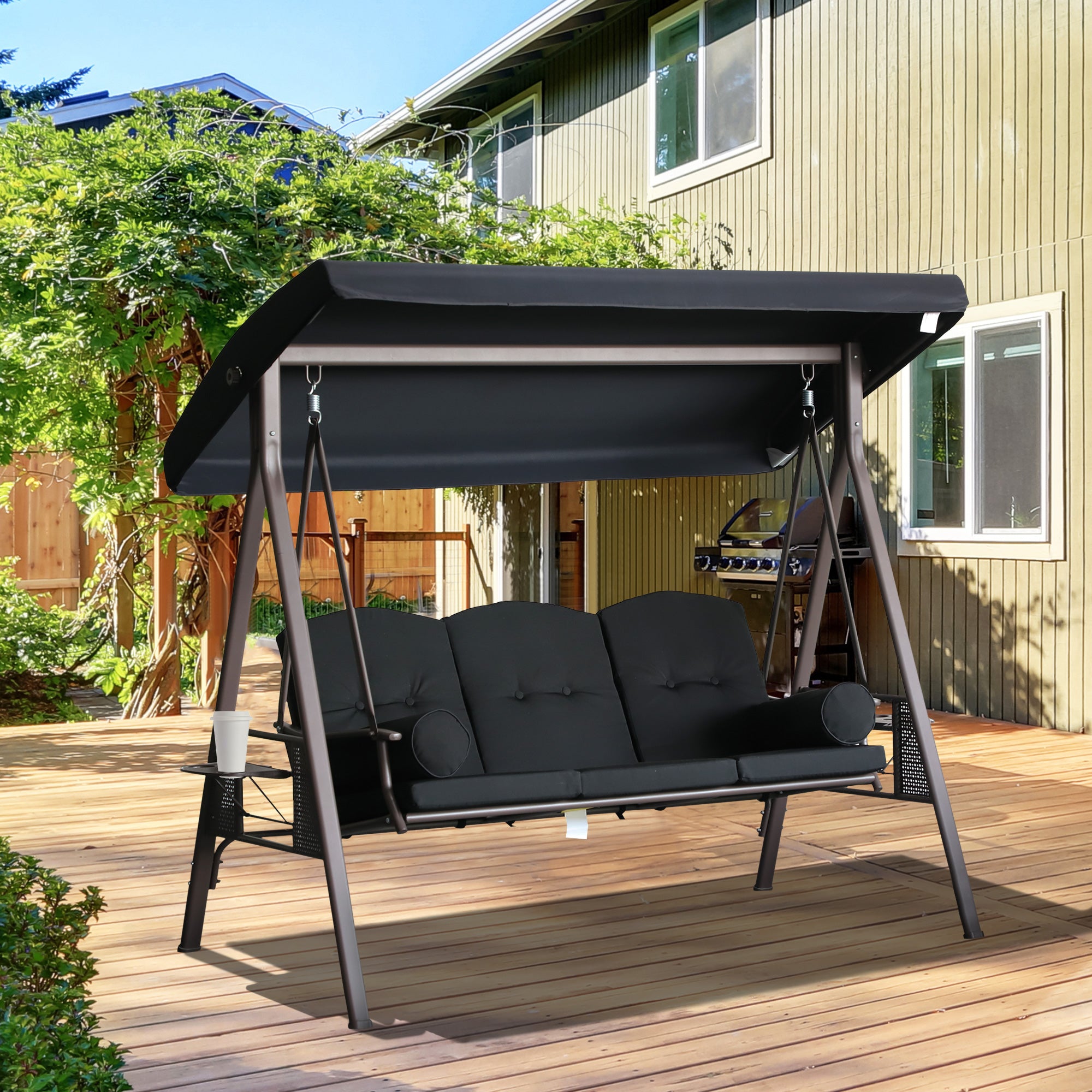 Outsunny 3 Seater Porch Swing Heavy Duty Outdoor Swing Chair Outdoor Lounge Hammock Cushioned Seat w/ Tilt Canopy, Black