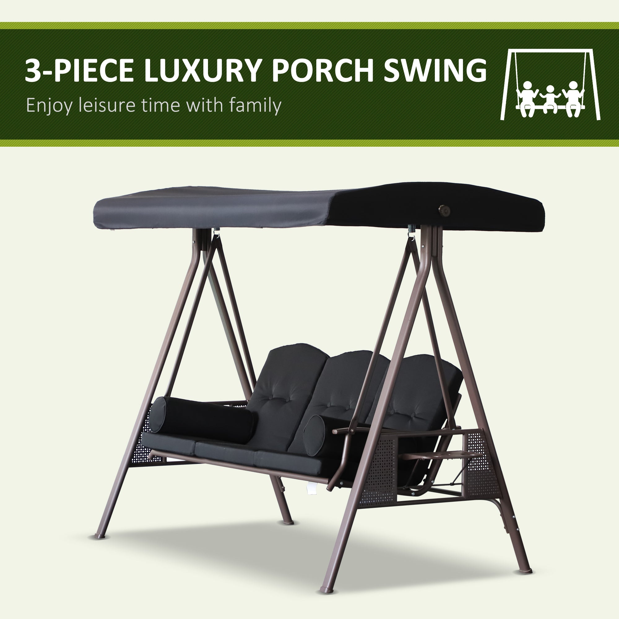 Outsunny 3 Seater Porch Swing Heavy Duty Outdoor Swing Chair Outdoor Lounge Hammock Cushioned Seat w/ Tilt Canopy, Black