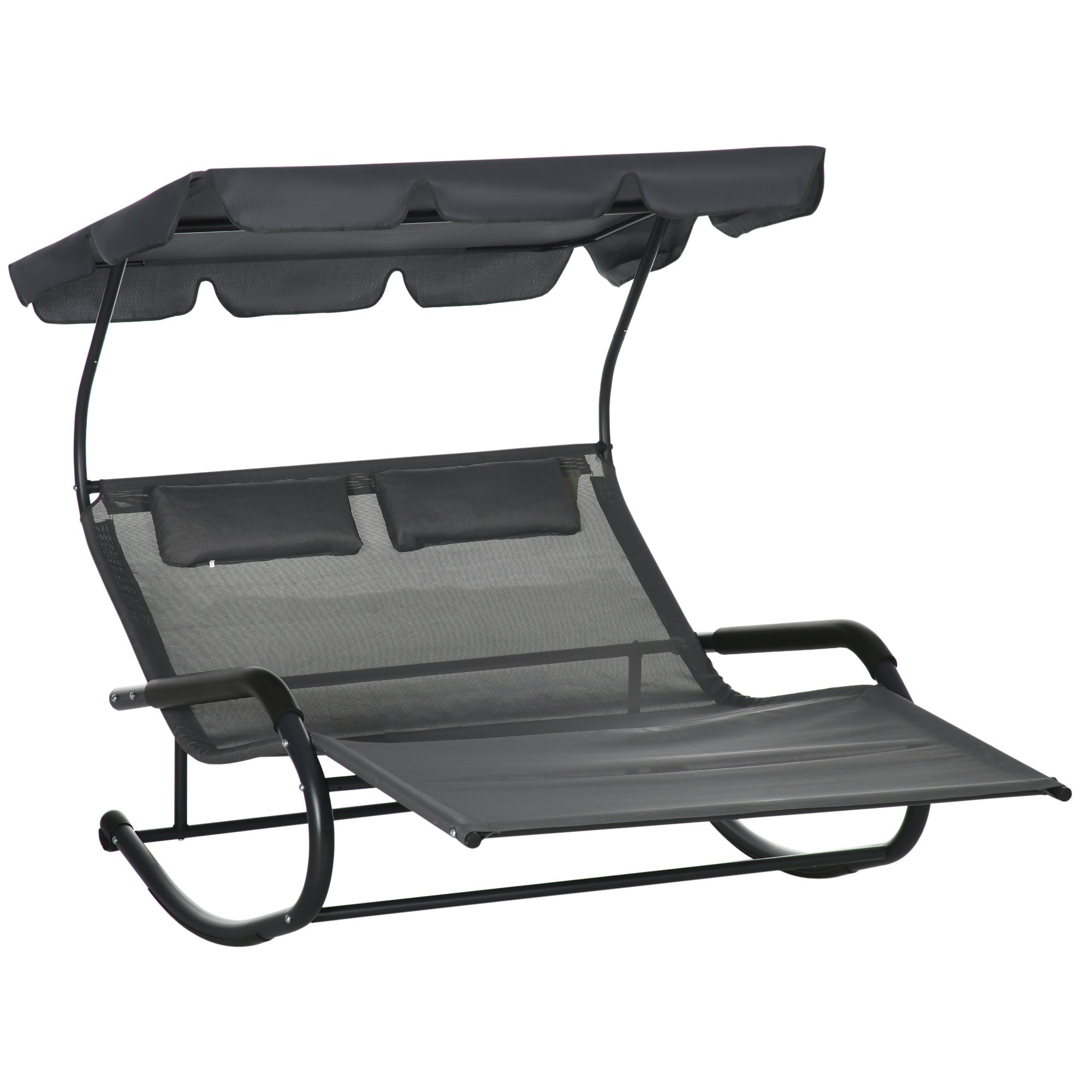 Outsunny Patio Outdoor Bed, Outdoor Chaise Sun Lounger for Two Person with Adjustable Canopy, Detachable Pillows, and Wheels for Sun Room, Garden, Poolside, Dark Gray