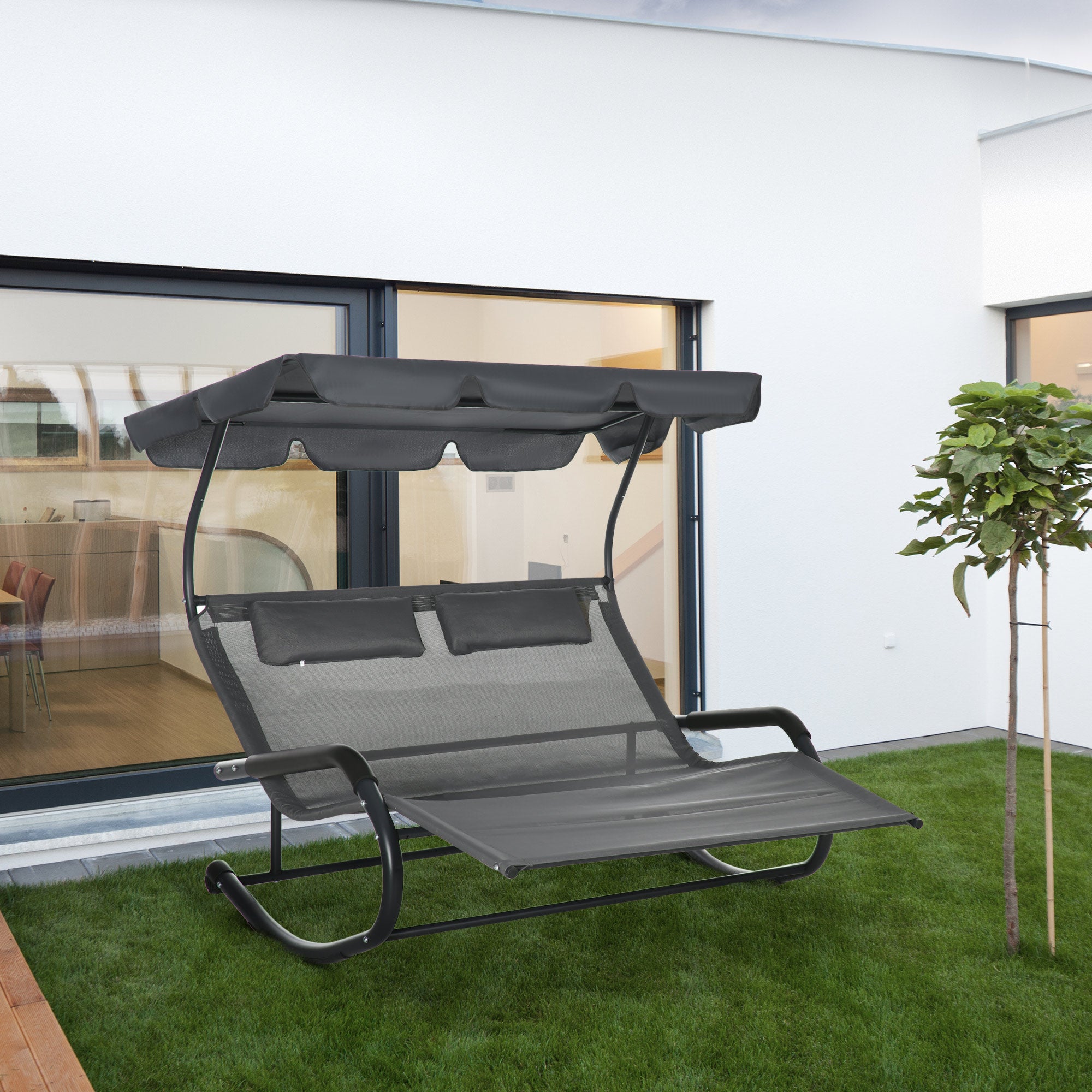 Outsunny Patio Outdoor Bed, Outdoor Chaise Sun Lounger for Two Person with Adjustable Canopy, Detachable Pillows, and Wheels for Sun Room, Garden, Poolside, Dark Gray