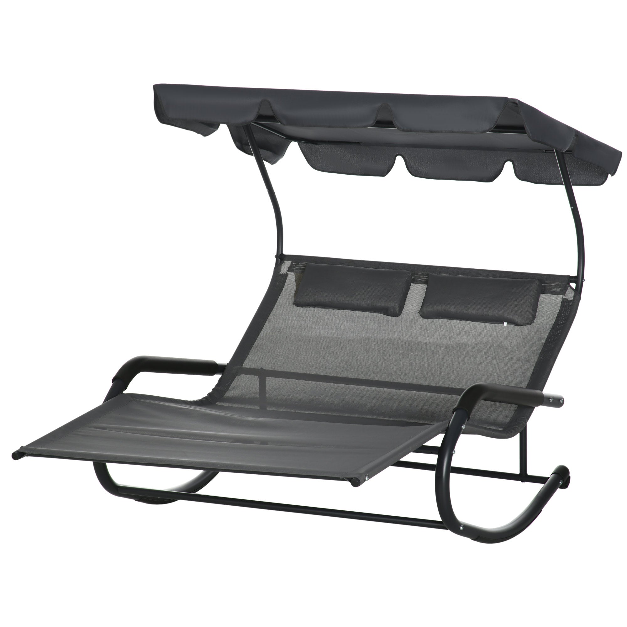 Outsunny Patio Outdoor Bed, Outdoor Chaise Sun Lounger for Two Person with Adjustable Canopy, Detachable Pillows, and Wheels for Sun Room, Garden, Poolside, Dark Gray