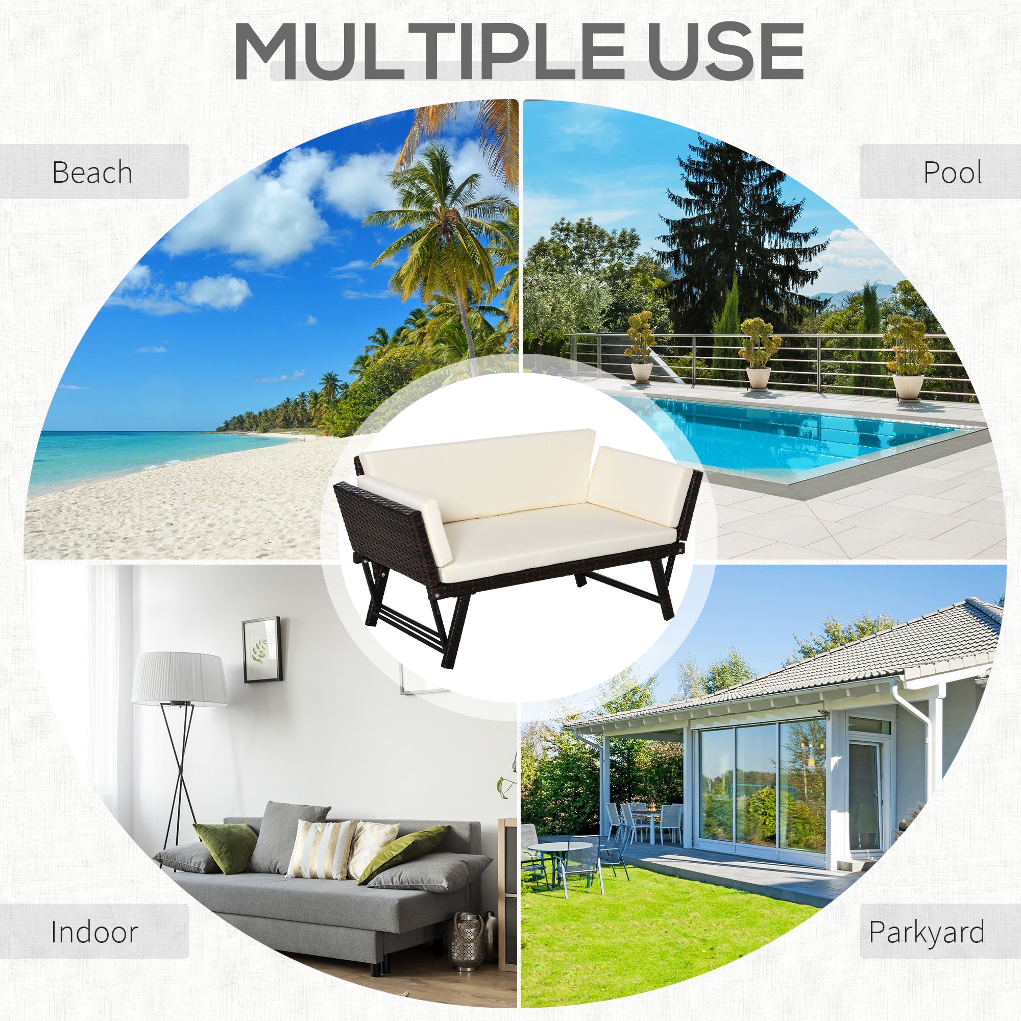 Outsunny Wicker Patio Furniture with Cushion, Outdoor PE Rattan Furniture Convertible Sofa Bed with Adjustable Armchair, Chaise Lounge Loveseat, for Deck, Backyard, Brown