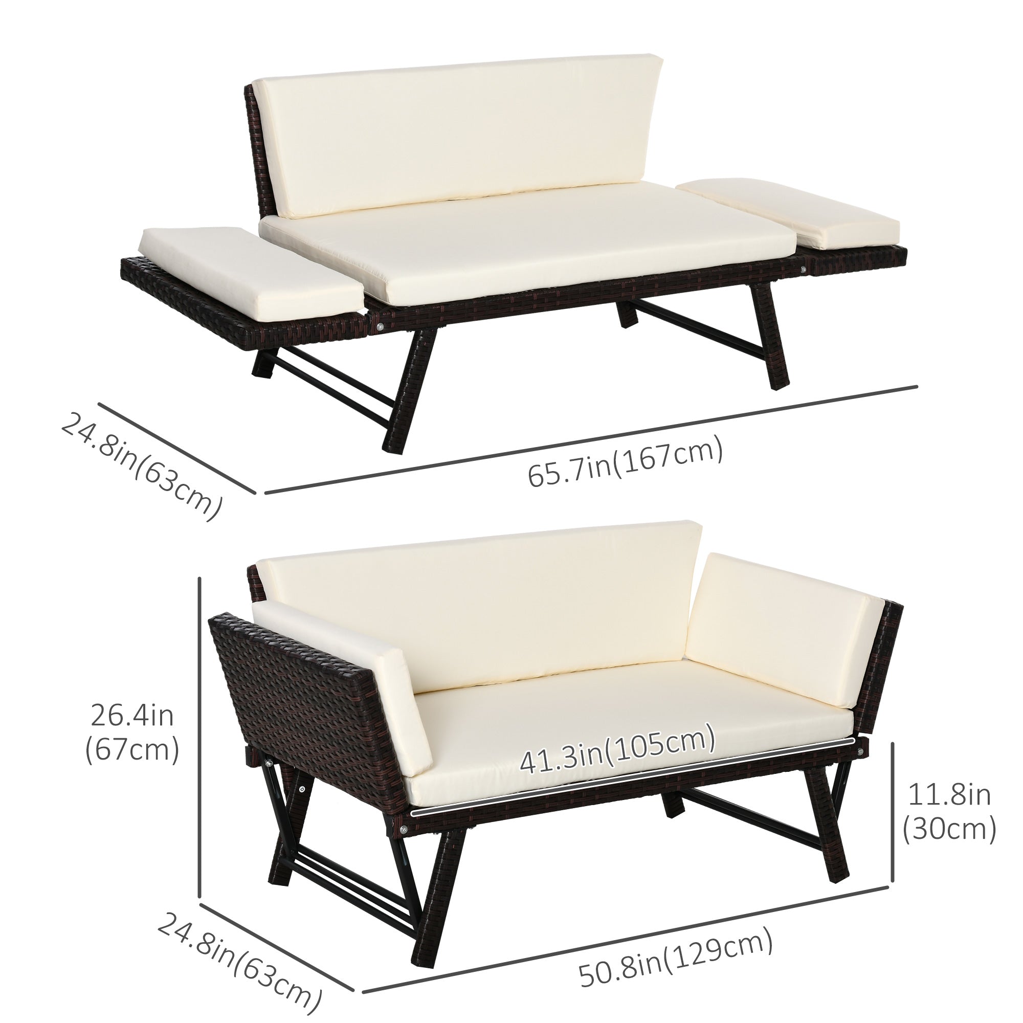 Outsunny Wicker Patio Furniture with Cushion, Outdoor PE Rattan Furniture Convertible Sofa Bed with Adjustable Armchair, Chaise Lounge Loveseat, for Deck, Backyard, Brown