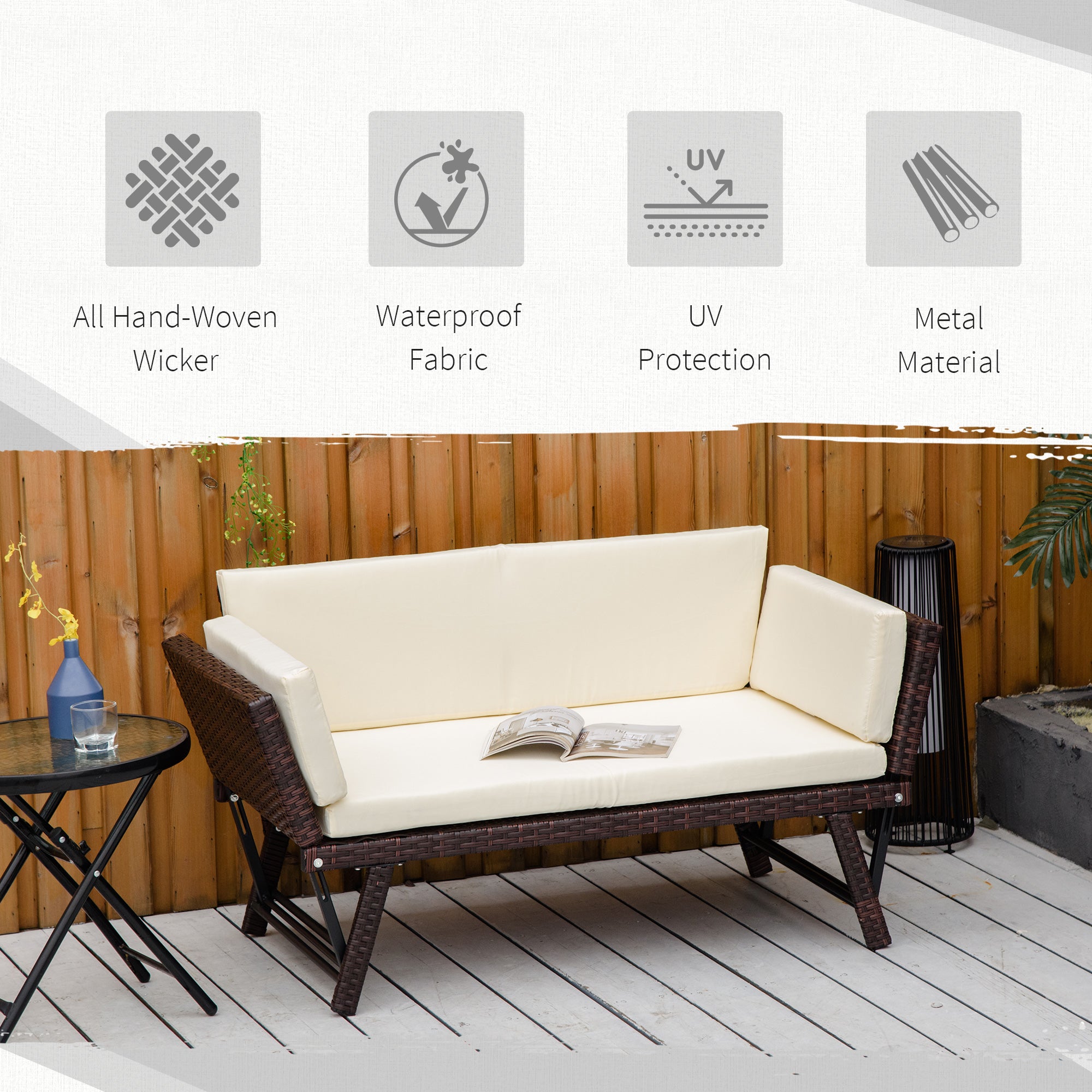 Outsunny Wicker Patio Furniture with Cushion, Outdoor PE Rattan Furniture Convertible Sofa Bed with Adjustable Armchair, Chaise Lounge Loveseat, for Deck, Backyard, Brown