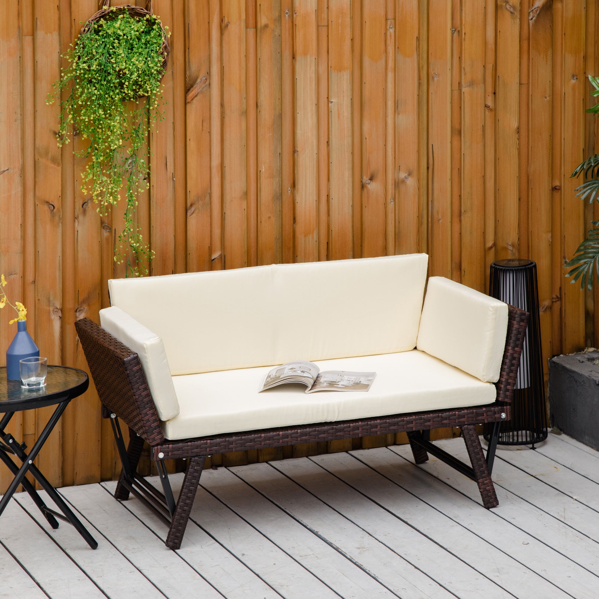 Outsunny Wicker Patio Furniture with Cushion, Outdoor PE Rattan Furniture Convertible Sofa Bed with Adjustable Armchair, Chaise Lounge Loveseat, for Deck, Backyard, Brown